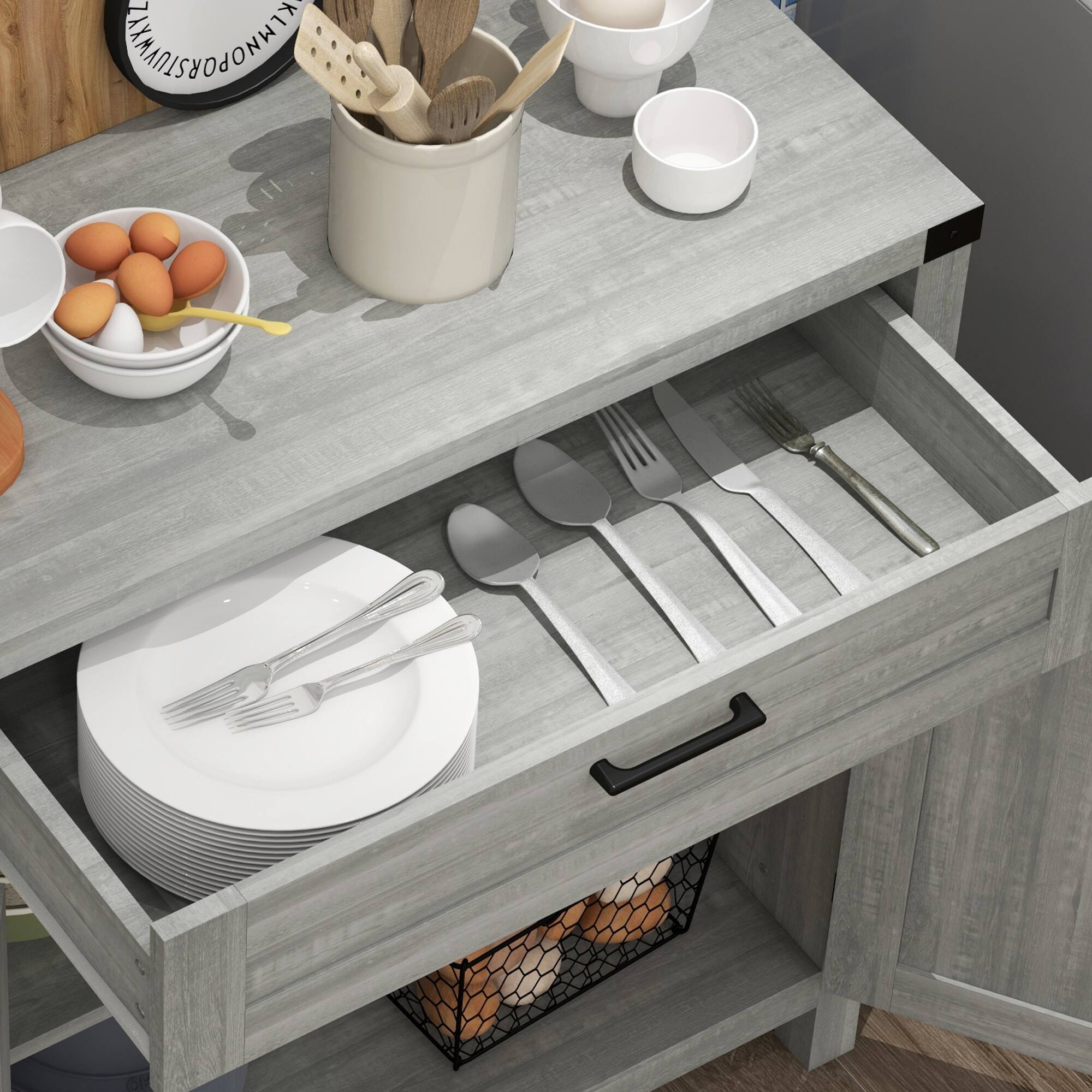 Alt View 8. Homcom - Sideboard with Storage Drawer, Modern Farmhouse Kitchen Cabinet with 2 Barn Doors, Coffee Bar Cabinet - Stone Gray.