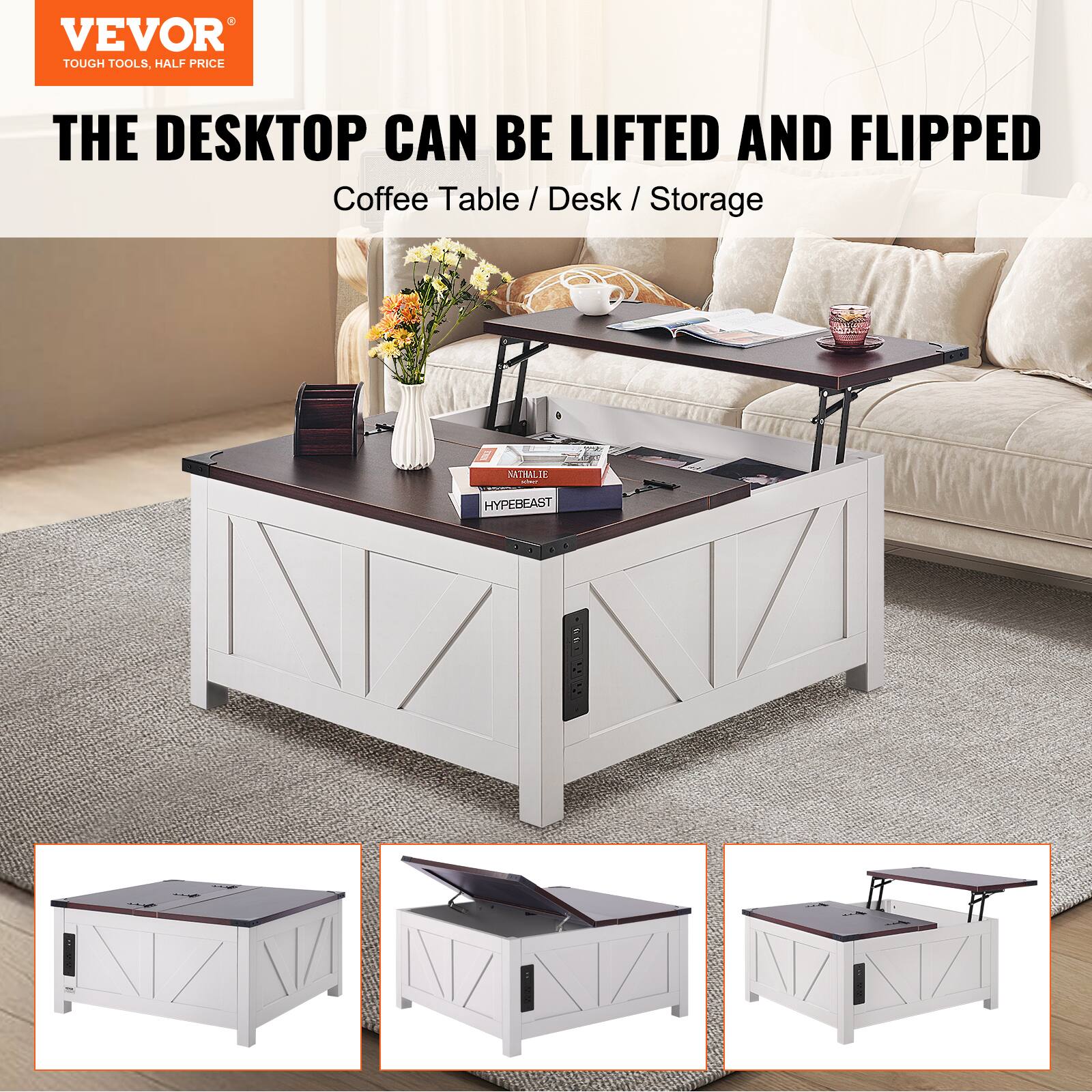 VEVOR  
TOUGH TOOLS, HALF PRICE  

THE DESKTOP CAN BE LIFTED AND FLIPPED  
Coffee Table / Desk / Storage  

NATILIE  
HYPEBEAST