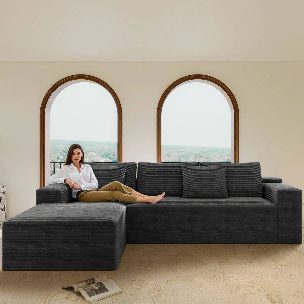 Alt View 2. Kadyn - 104" Right Chaise Sectional Sofa, Corduroy Cloud Design with Deep Seats and No Assembly Required, Grey - Gray.
