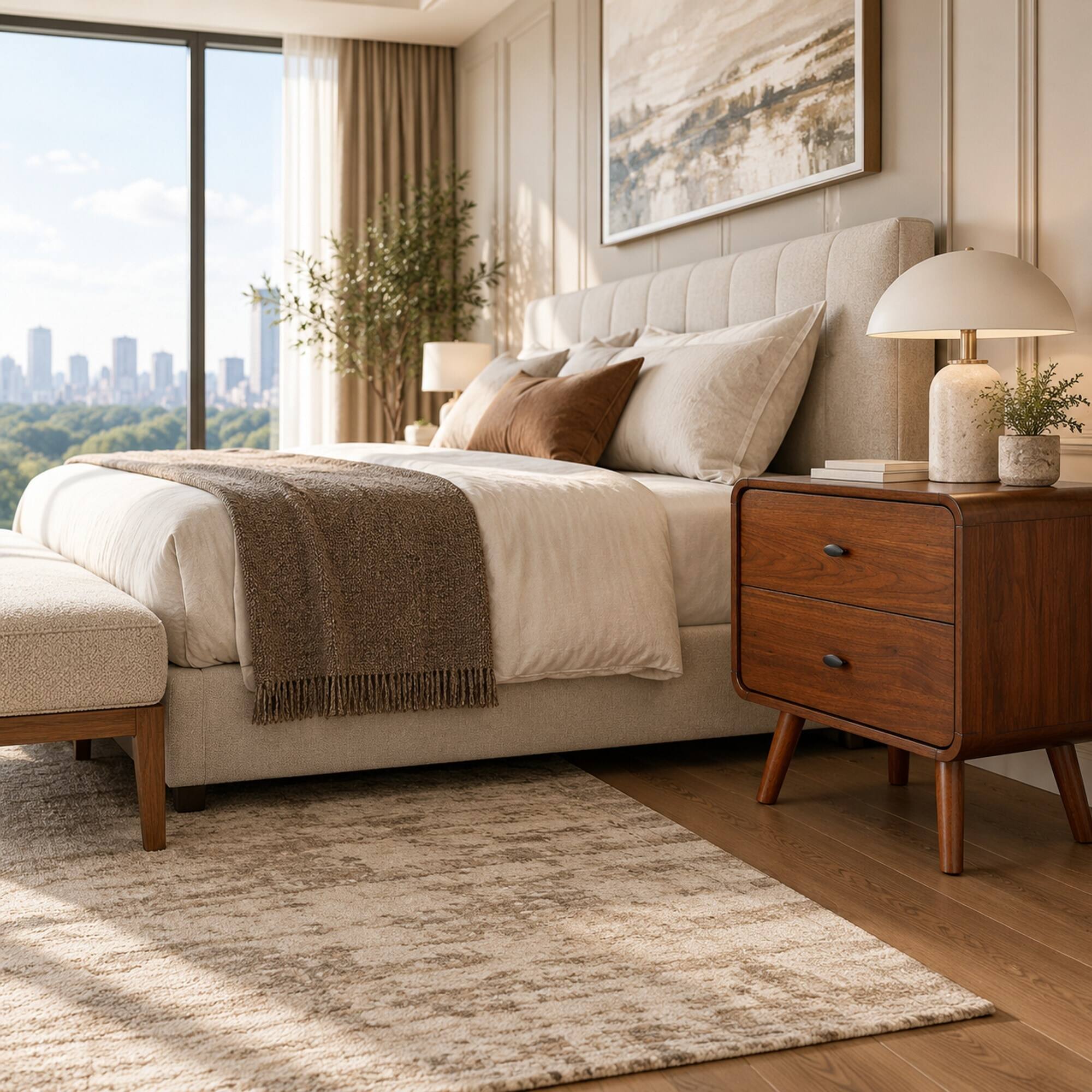 Angle. RYHNUYNE - Mid-Century Modern Nightstand, Dark Walnut Finish, 2 Drawers, Metal Glides, 26.5 in High - Walnut.