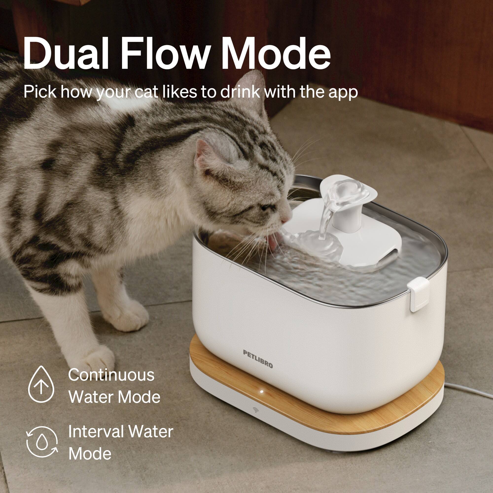 Dual Flow Mode: Pick how your cat likes to drink with the app. Continuous Water Mode and Interval Water Mode.