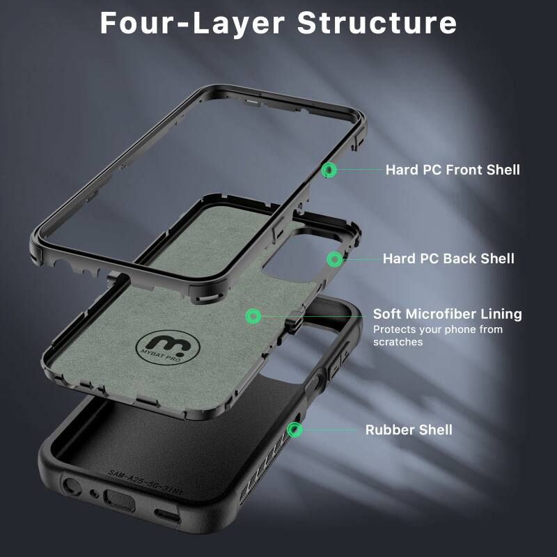 Four-Layer Structure
Hard PC Front Shell
Hard PC Back Shell
Soft Microfiber Lining
Protects your phone from scratches
Rubber Shell
MYBAT PRO
SAM-A25-56-31M1