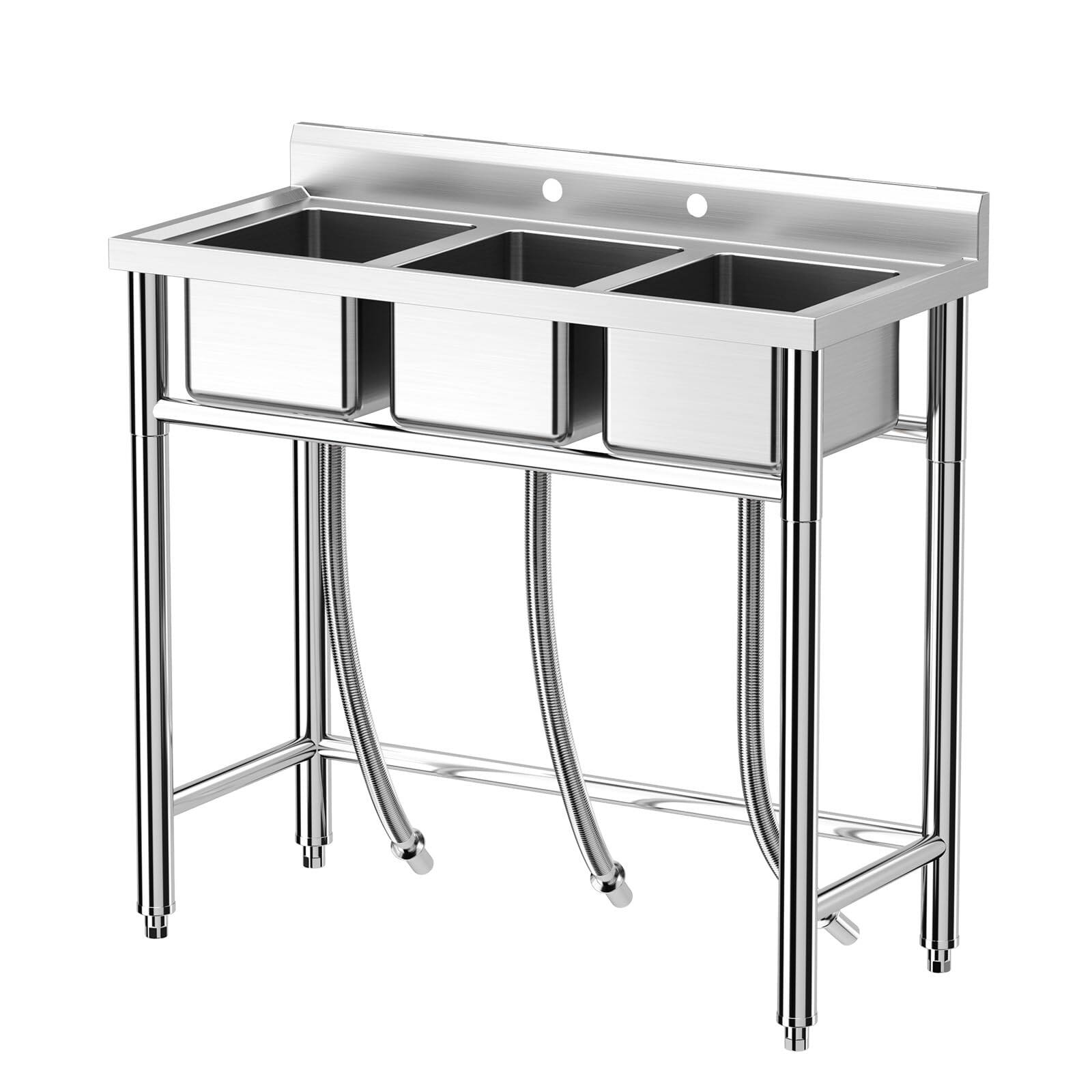 Front. GARVEE - 3-Compartment Stainless Steel Utility Sink, NSF Certified Freestanding Commercial Sink for Garage & Restaurant - Silver.