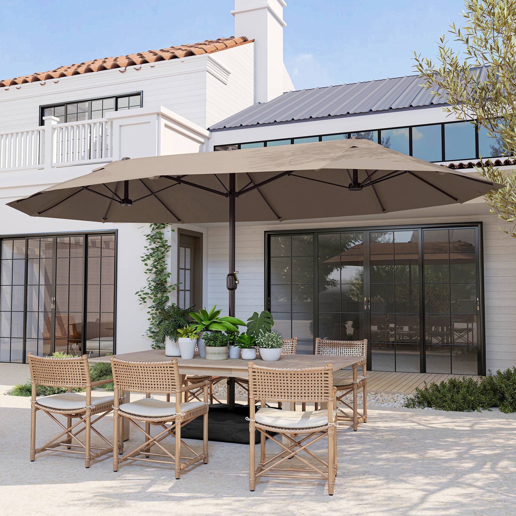 Alt View 8. Outsunny - Patio Umbrella 15' Steel Rectangular Outdoor Double Sided Market with base - Coffee.