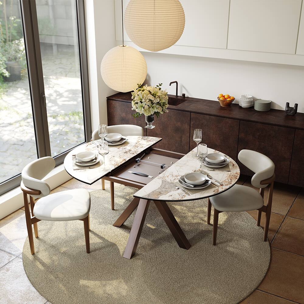 Left. POVISON - 47"-63" Oval Extendable Dining Table for 4-6 People, Glossy Pandora Stone Top with Bronze Steel Base - Pandora.