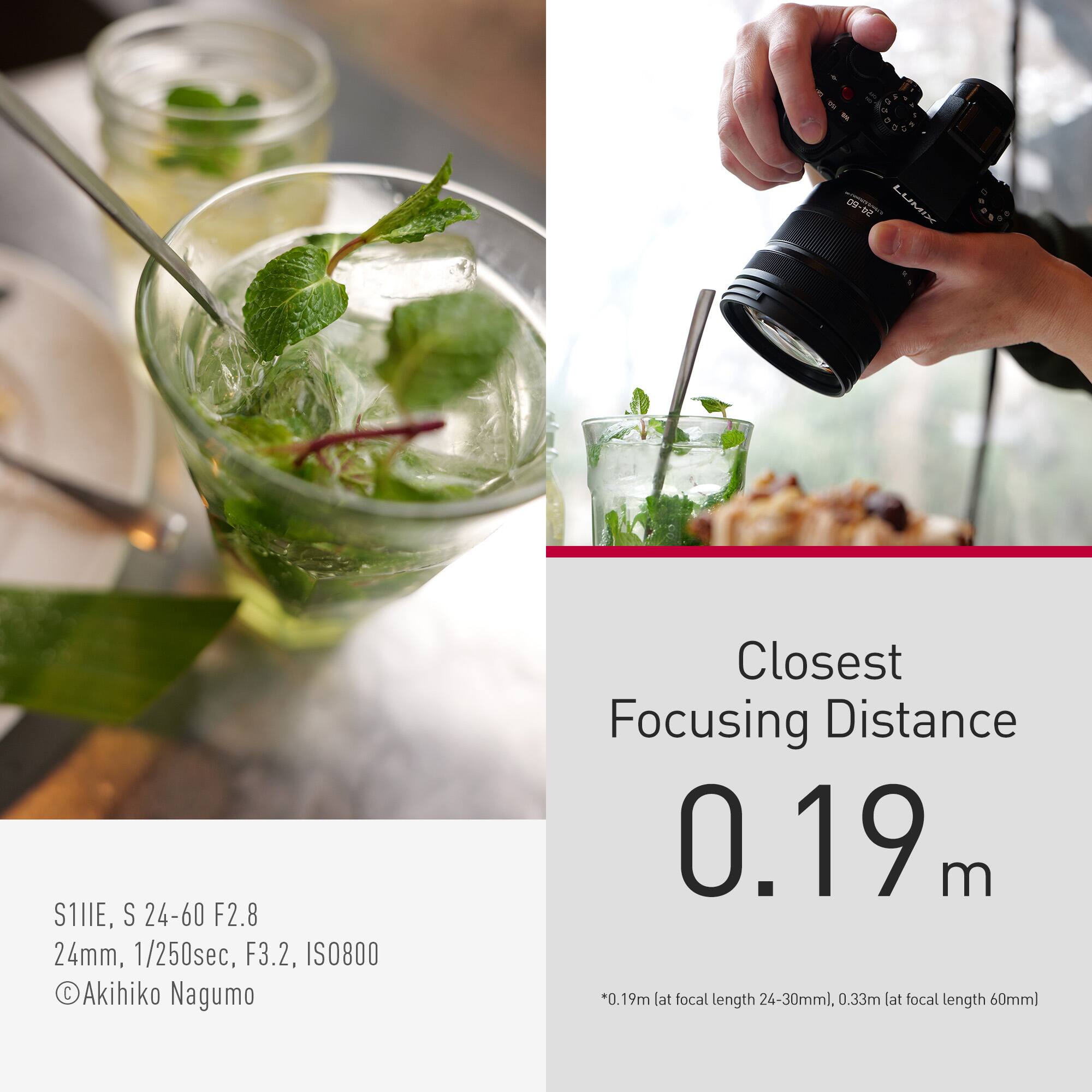 Closest Focusing Distance 0.19 m at focal length 24-30mm, 0.33m at focal length 60mm.