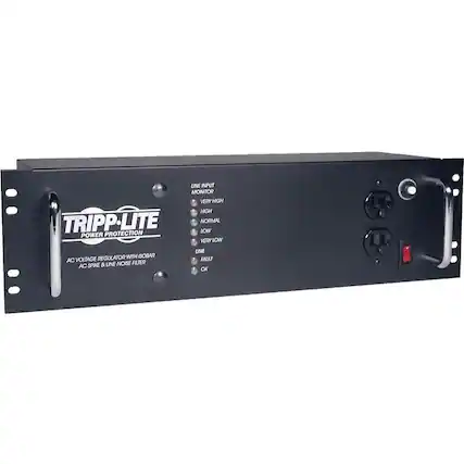 TRIPP-LITE
POWER PROTECTION
LINE INPUT MONITOR
- VERY HIGH
- HIGH
- NORMAL
- LOW
- VERY LOW
AC VOLTAGE REGULATOR WITH ISOBAR
AC SPIKE & LINE NOISE FILTER
LINE
- FAULT
- OK