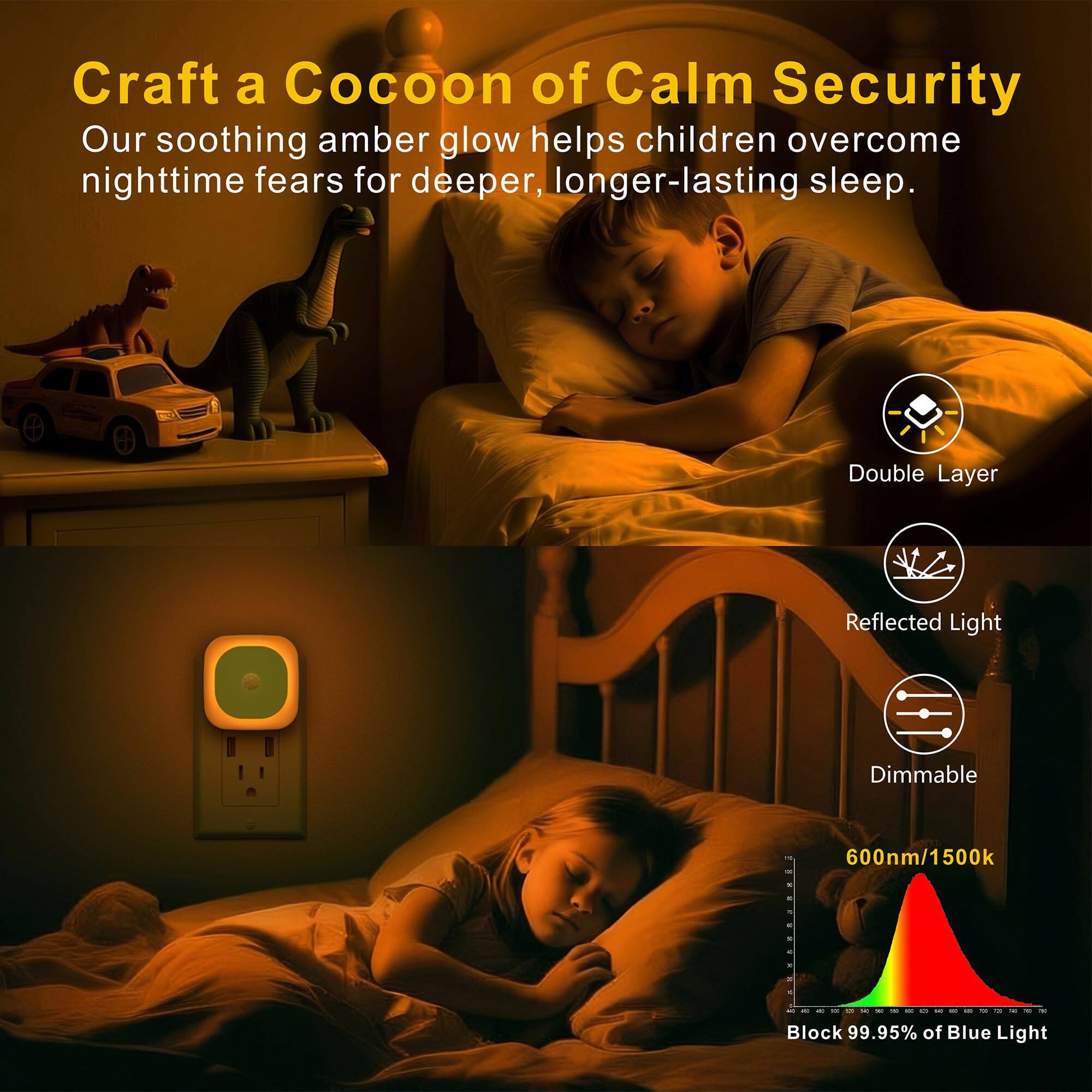 Craft a Cocoon of Calm Security  
Our soothing amber glow helps children overcome nighttime fears for deeper, longer-lasting sleep.  

Double Layer  
Reflected Light  
Dimmable  

600nm/1500k  
Block 99.95% of Blue Light