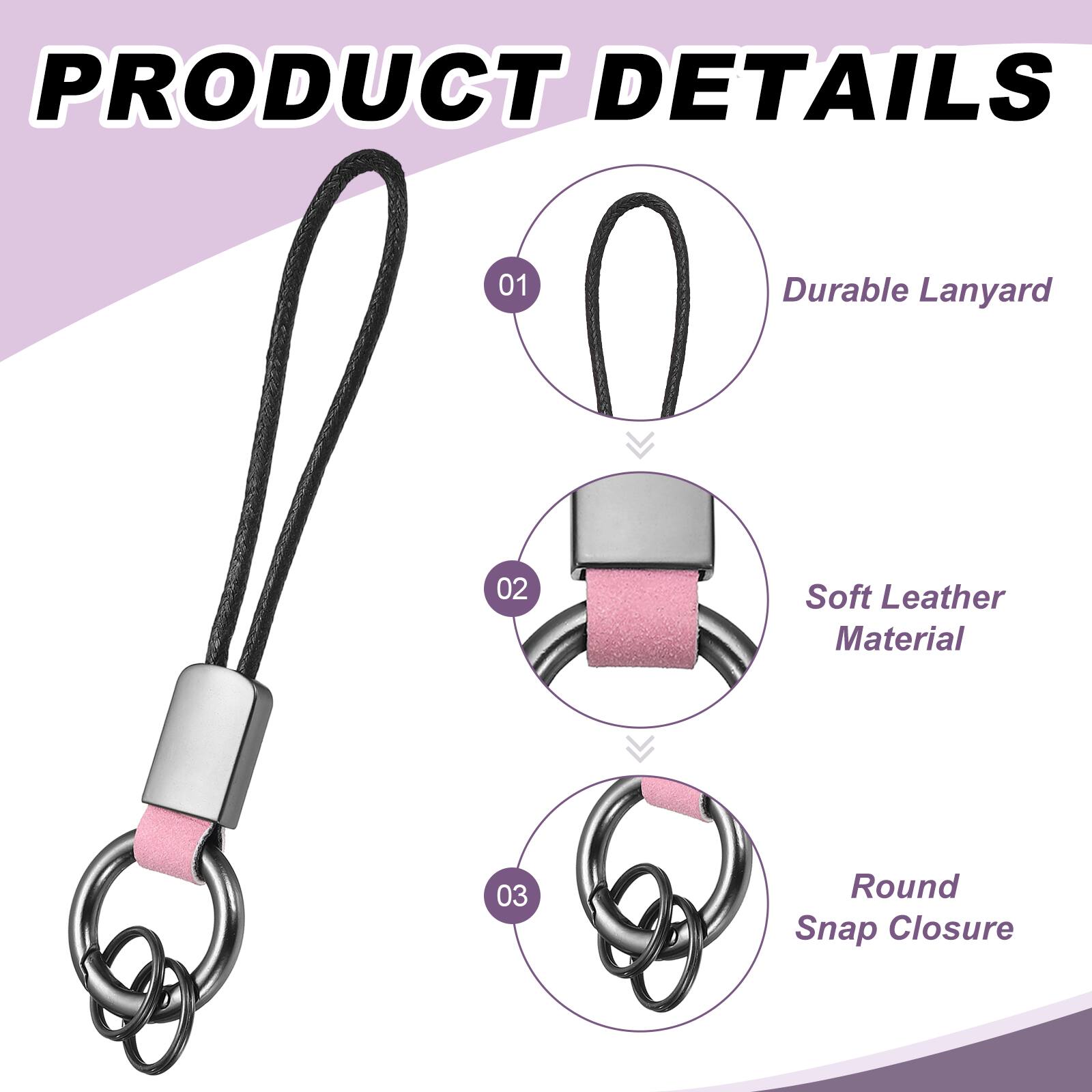 PRODUCT DETAILS  
01 Durable Lanyard  
02 Soft Leather Material  
03 Round Snap Closure