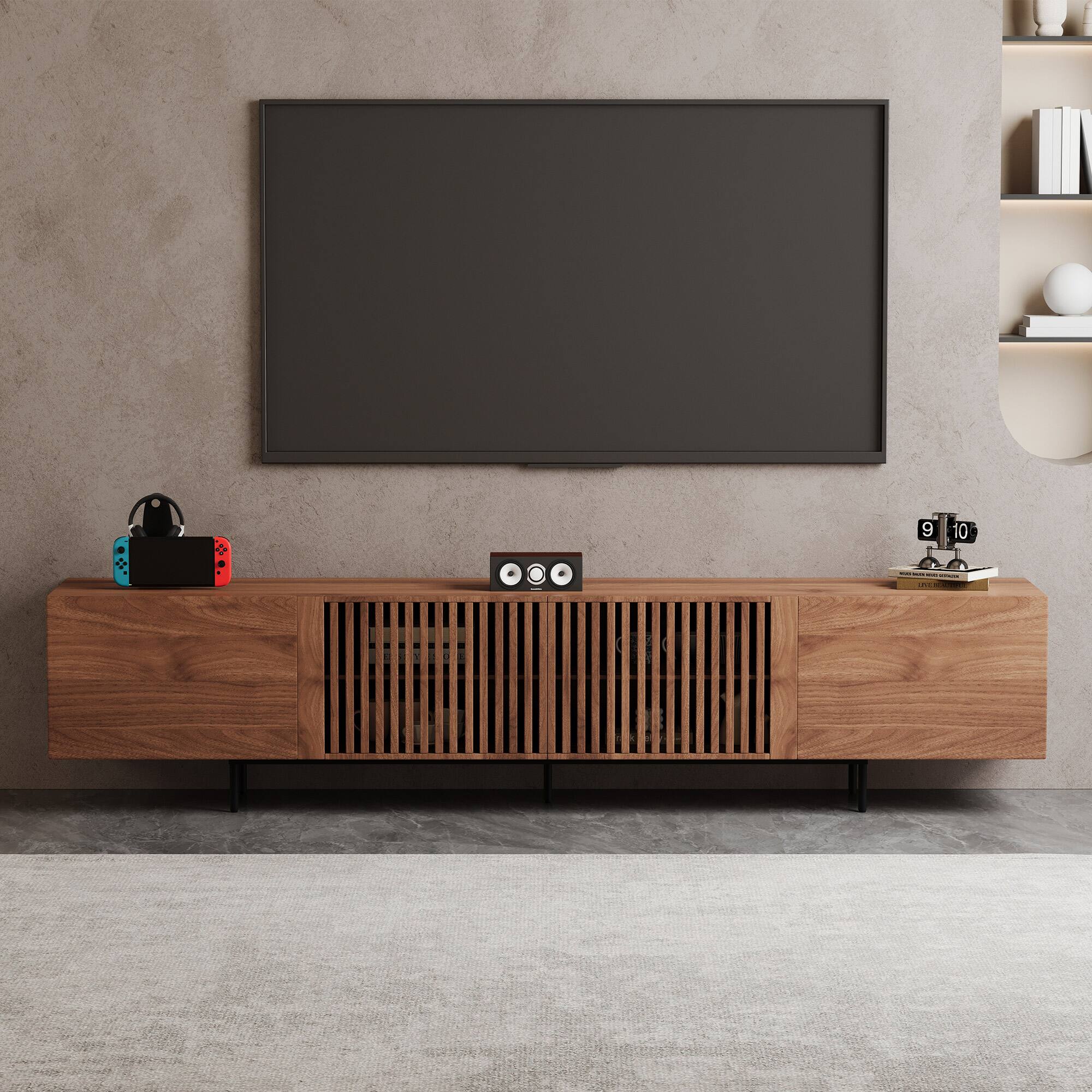 Alt View 7. luck idea - Walnut Grain TV Stand (Oversized) | Living Room Entertainment Center - Open Storage + Cable Organization - 94.48inch.