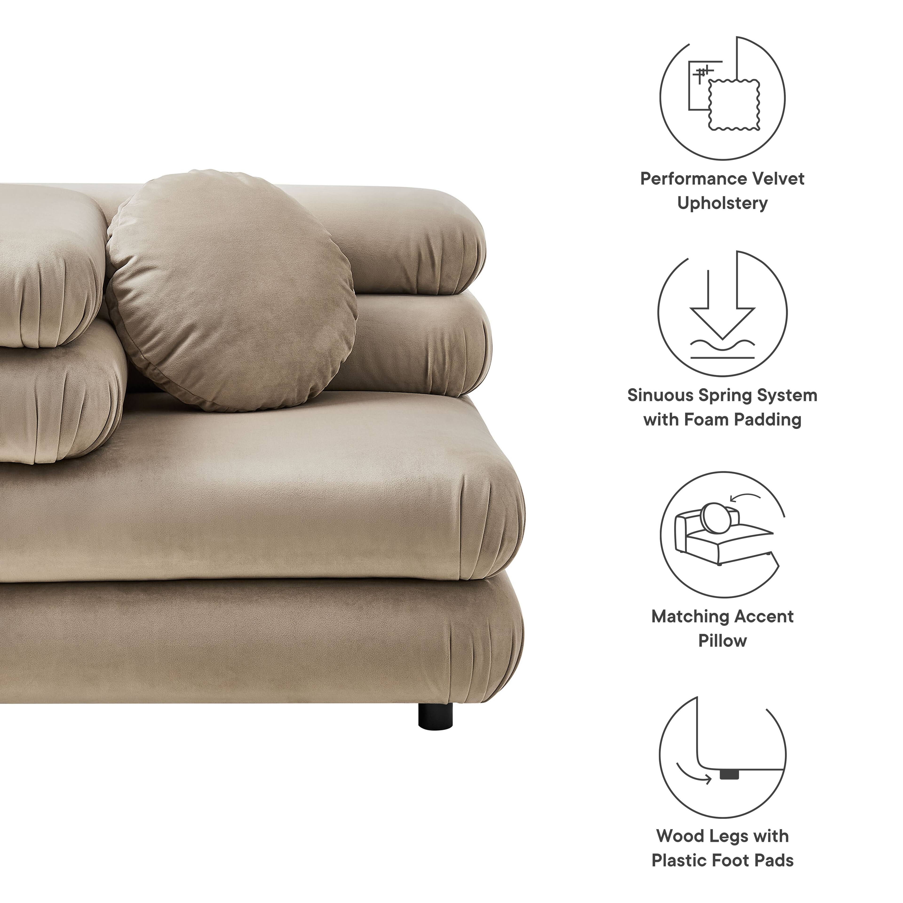 Performance Velvet Upholstery  
Sinuous Spring System with Foam Padding  
Matching Accent Pillow  
Wood Legs with Plastic Foot Pads