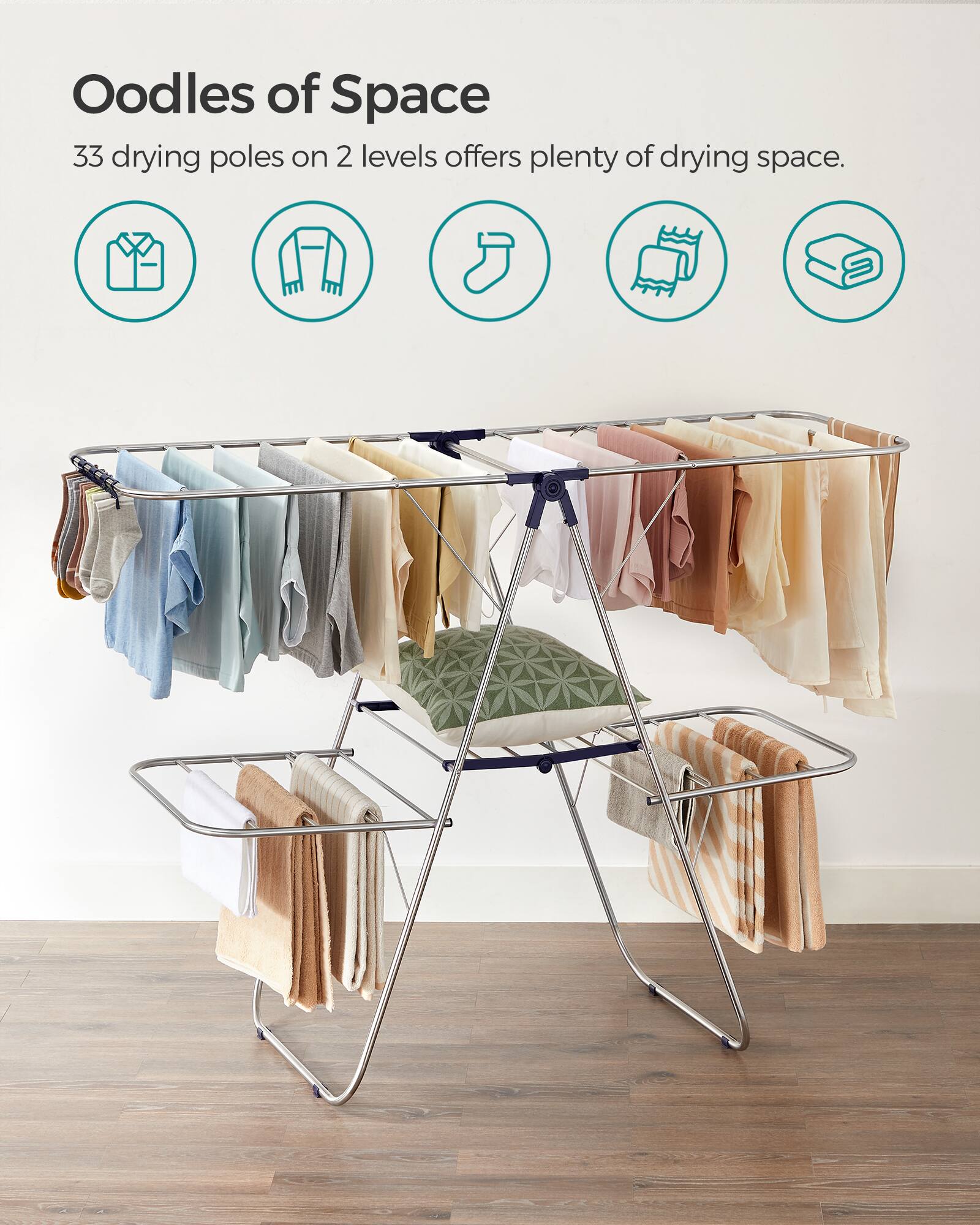 Oodles of Space  
33 drying poles on 2 levels offers plenty of drying space.