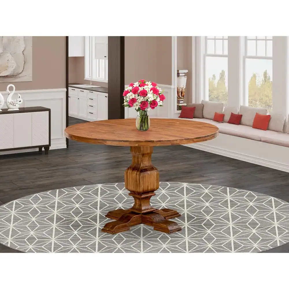 Angle. East West Furniture - IR3-0N-TP IRVING Round Dining Table with Pedestal, Rustic Rubberwood Table in Sandblasting Antique Walnut Finish - Multi-Color.
