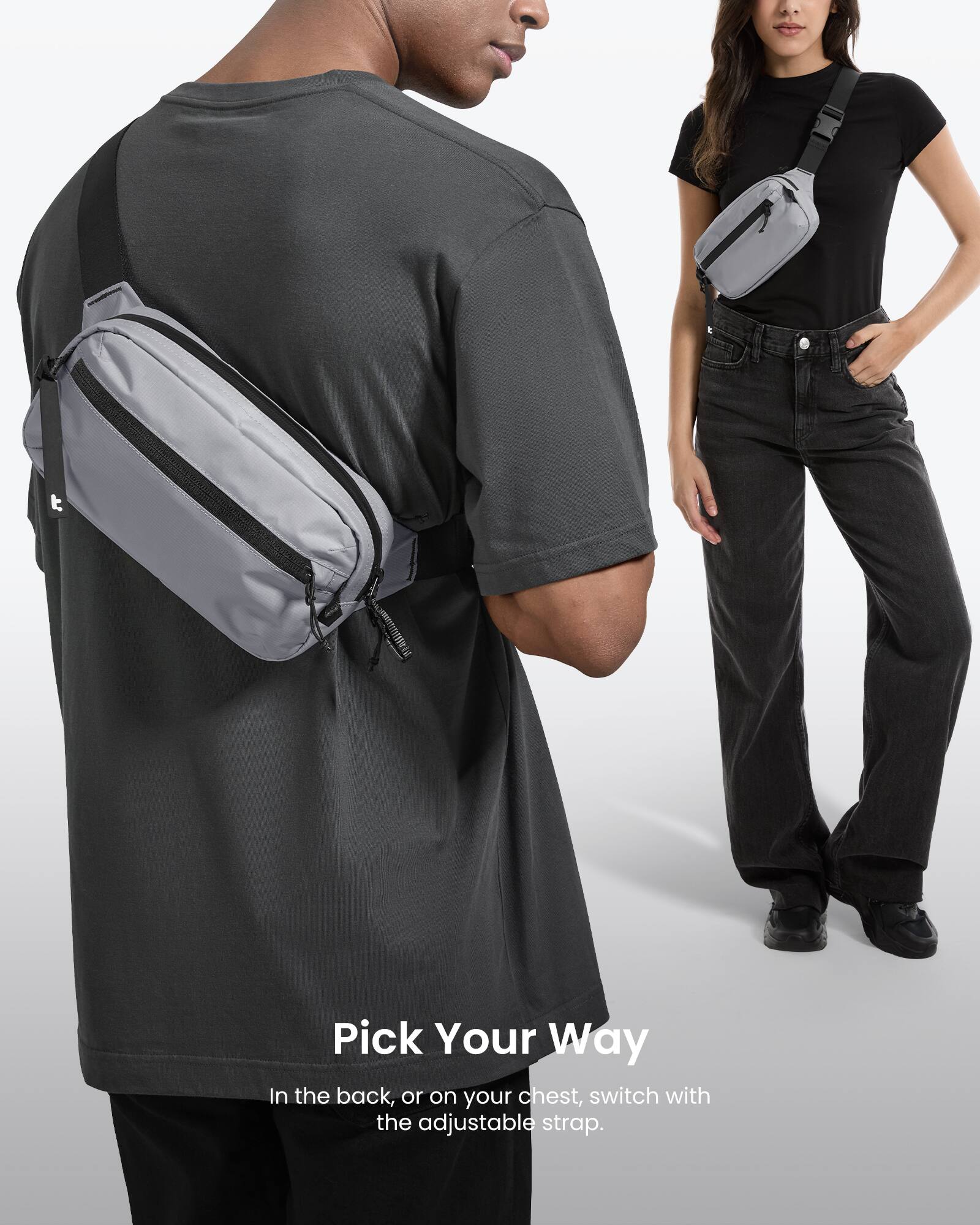 Pick Your Way In the back or on your chest, switch with the adjustable strap.