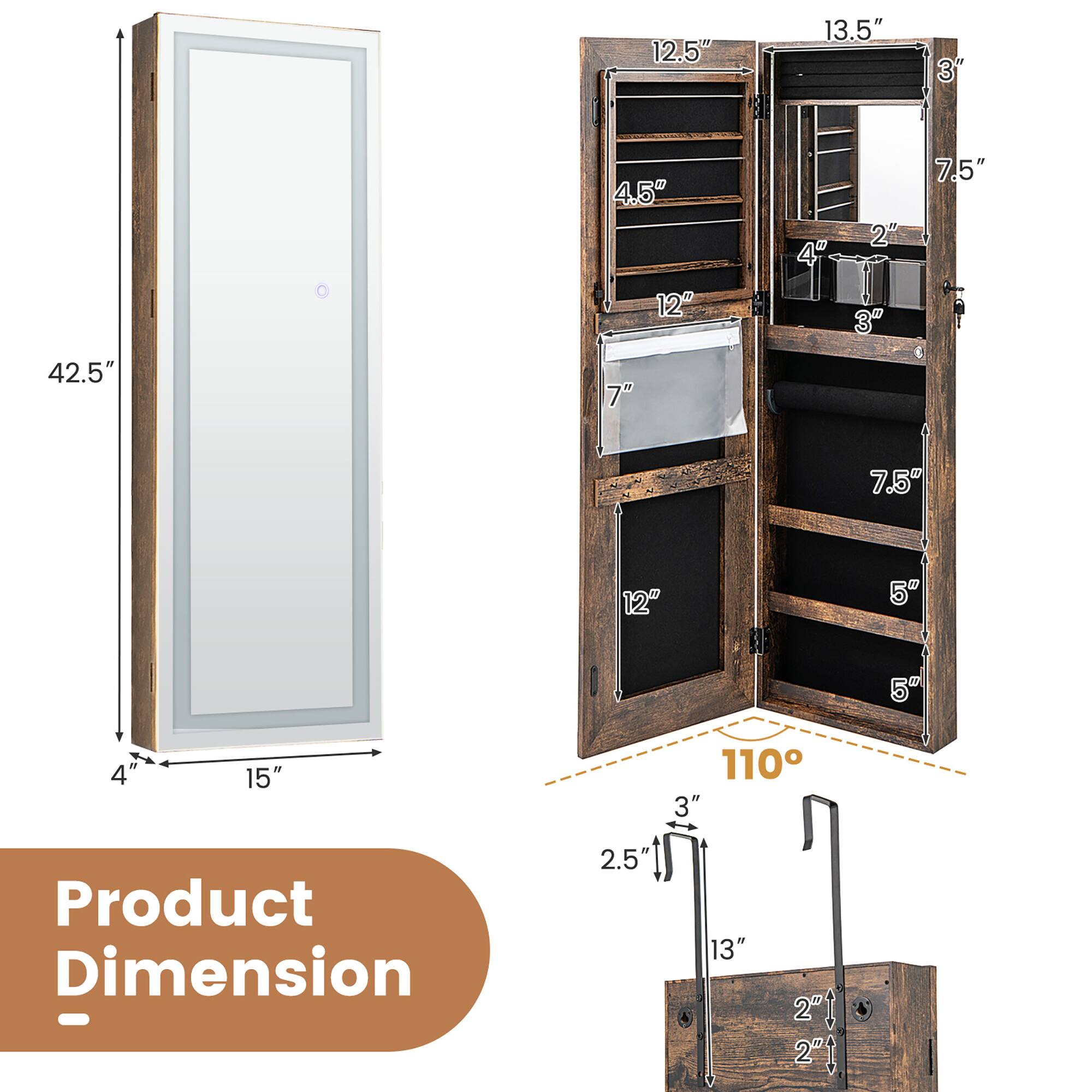 Product Dimension

- Height: 42.5"
- Width: 15"
- Depth: 4"

- Door Height: 42.5"
- Door Width: 13.5"
- Door Depth: 3"

- Shelf Dimensions:
  - Top Shelf: 12.5" x 7"
  - Second Shelf: 12" x 7.5"
  - Third Shelf: 12" x 7.5"
  - Bottom Shelf: 12" x 5"

- Drawer Dimensions:
  - Width: 5"
  - Depth: 5"

- Cabinet Depth: 110°

- Base Dimensions:
  - Width: 13"
  - Depth: 2.5"
  - Height: 3"

- Legs:
  - Width: 2"
  - Depth: 2"