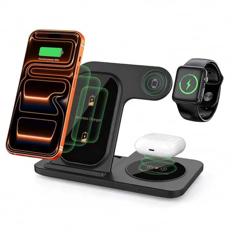 SKRAN - Wireless Charger Station - Foldable 3 in 1 Fast Charging Stand, Compatible with iPhone, Multi-Device Charging Station - Black