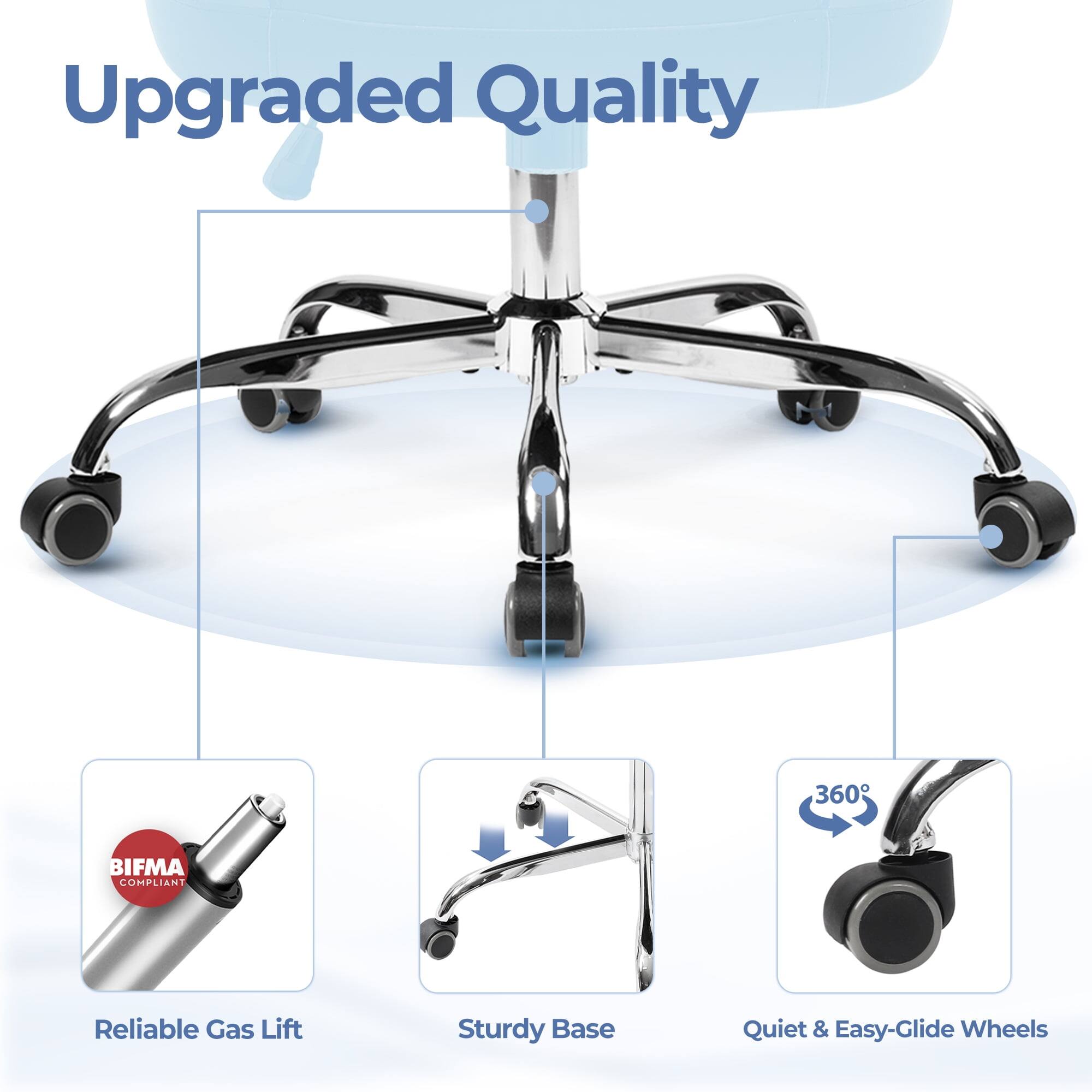 Upgraded Quality

- BIFMA COMPLIANT
- Reliable Gas Lift
- Sturdy Base
- Quiet & Easy-Glide Wheels
- 360°