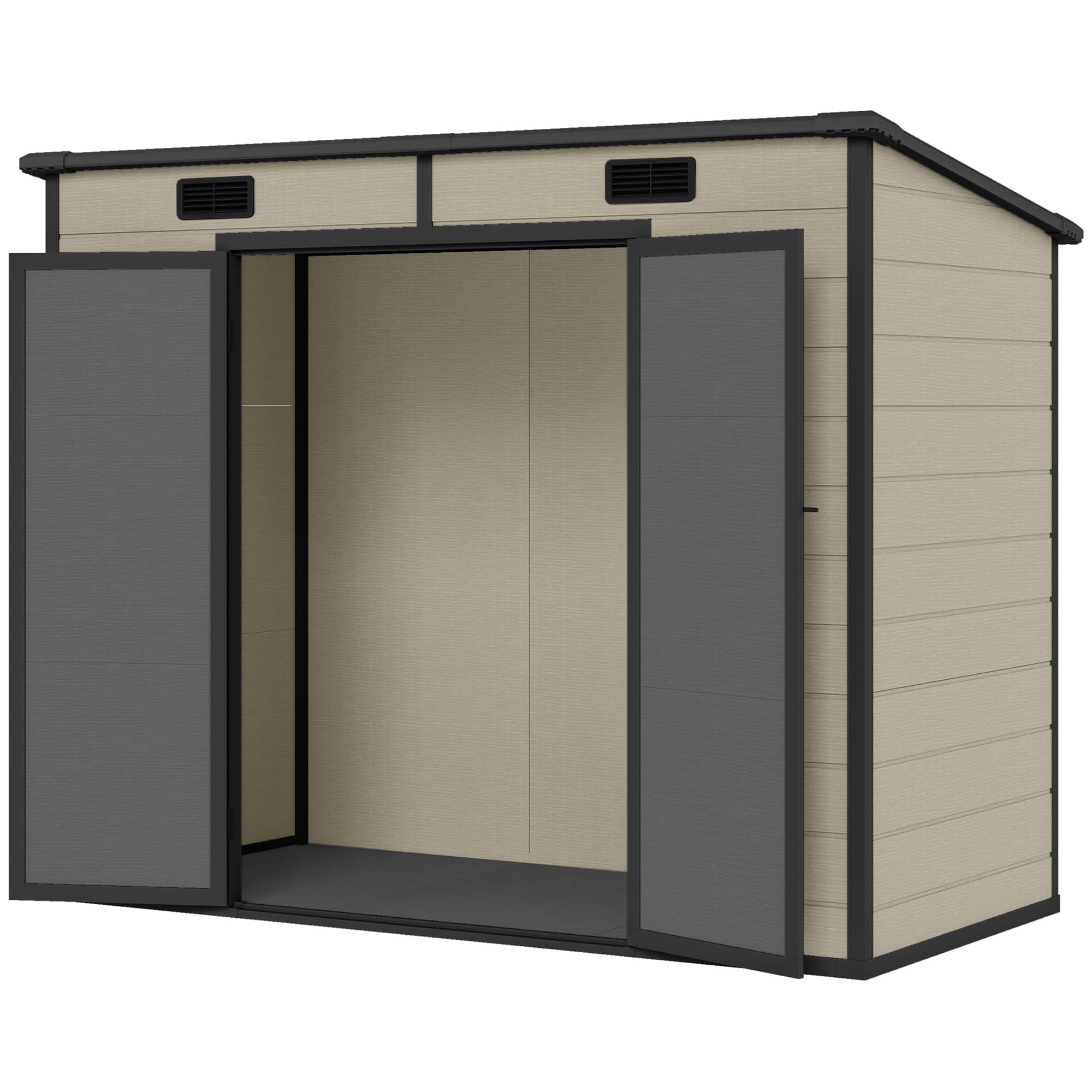 Outsunny - x 4' Plastic Outdoor Storage Shed with Floor, Window, Lockable Doors and Vents for Backyard Patio Lawn - Light brown