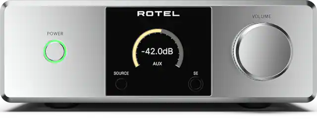 The text on the image reads "ROTEL VOLUME POWER -42.0dB AUX SOURCE SE."