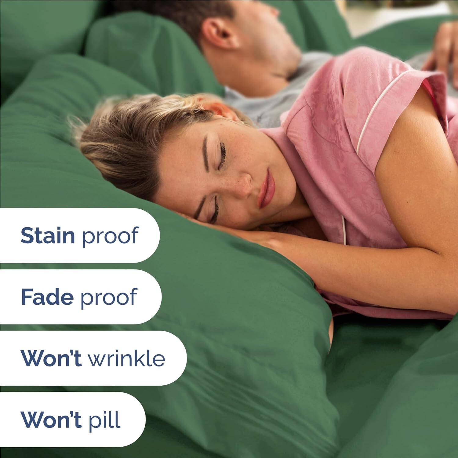 Stain proof  
Fade proof  
Won't wrinkle  
Won't pill