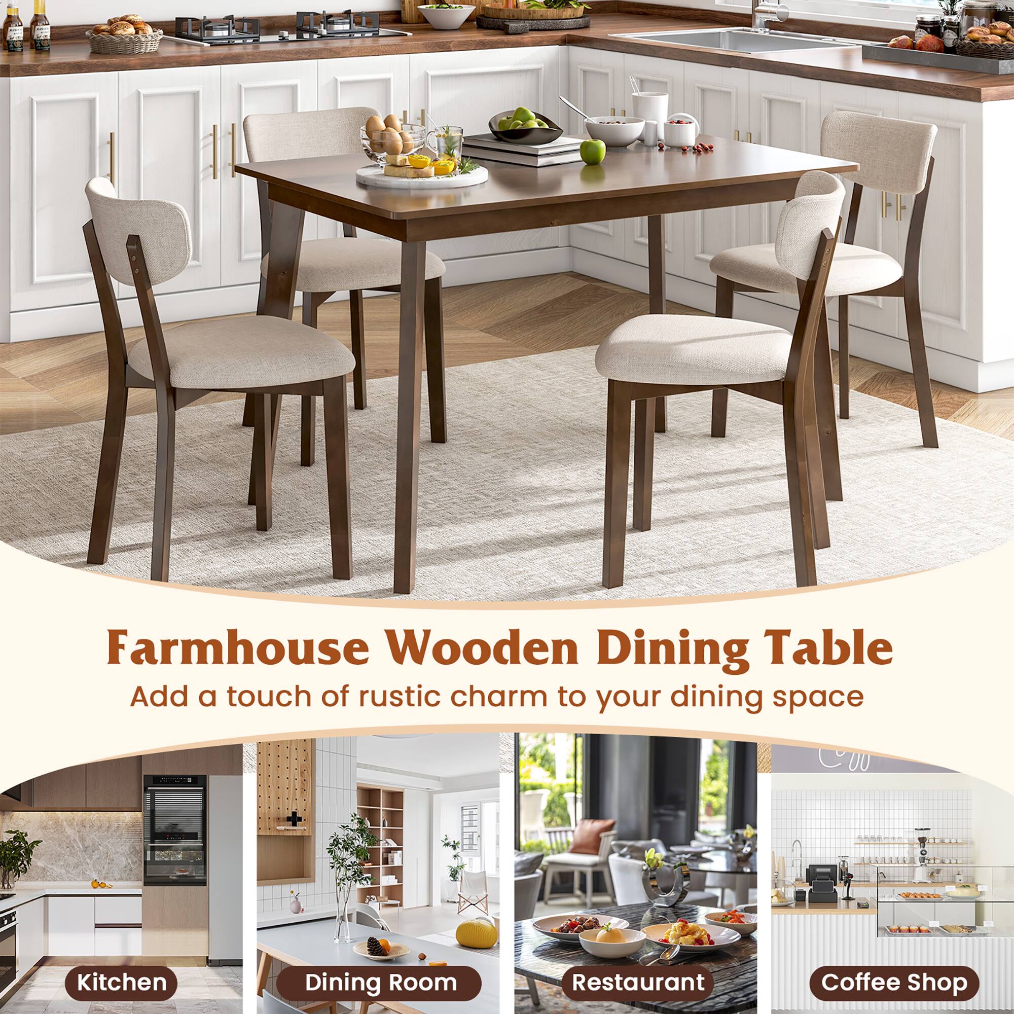 Farmhouse Wooden Dining Table  
Add a touch of rustic charm to your dining space  

Kitchen  
Dining Room  
Restaurant  
Coffee Shop