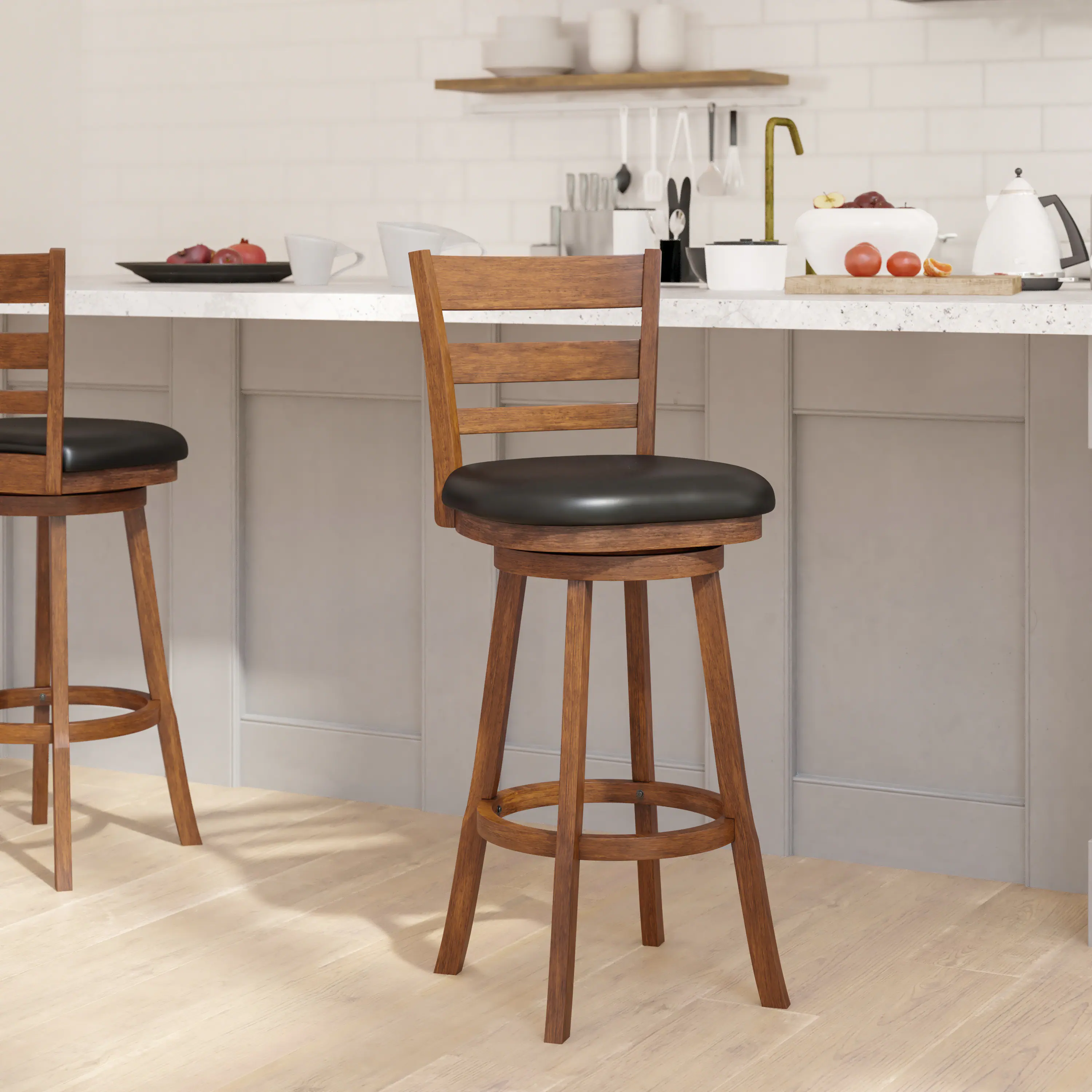 Front. Emma + Oliver - Avi Classic Wooden Ladderback Dining Stool with Padded Swivel Seat - Black Vinyl/Antique Oak Frame.
