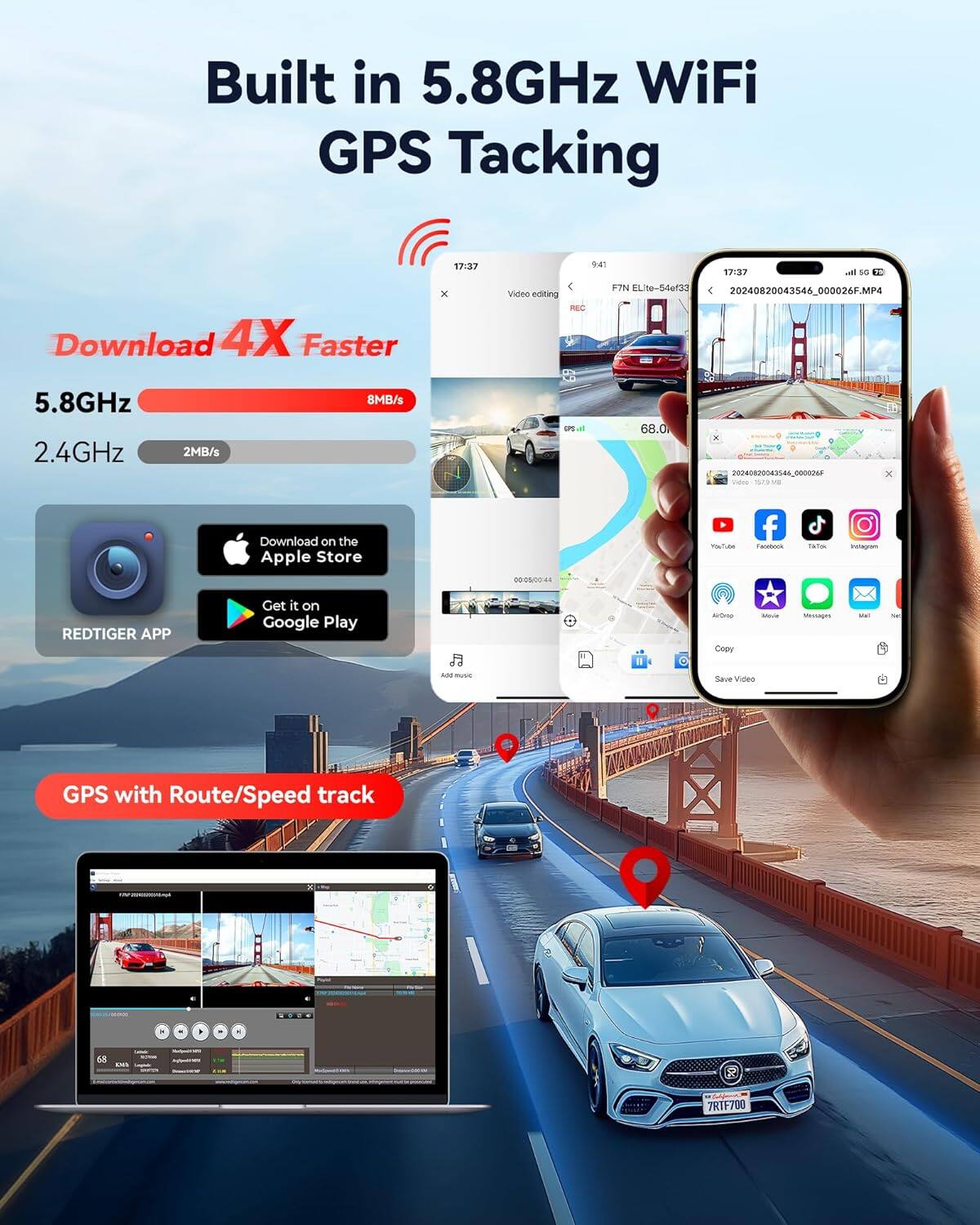 Built in 5.8GHz WiFi GPS Tracking

Download 4X Faster

5.8GHz 8MB/s
2.4GHz 2MB/s

REDTIGER APP

Download on the Apple Store
Get it on Google Play

GPS with Route/Speed track

Video editing

20240820043546_000026F.MP4

20240820043546_000026F.MP4

7RTF700