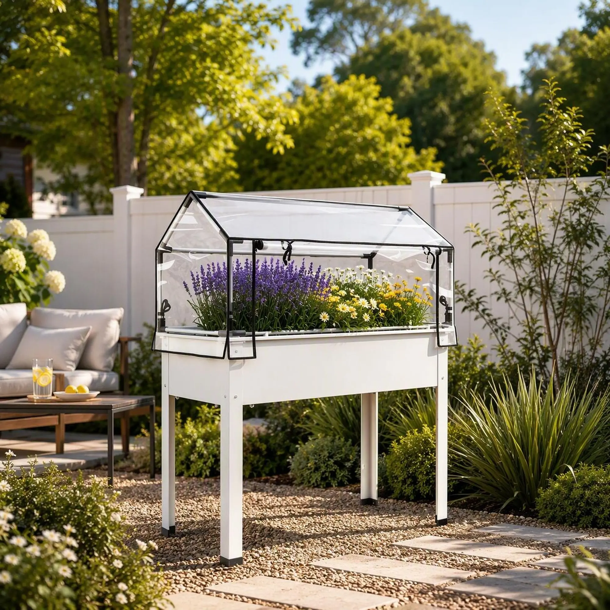 Back. RYHNUYNE - Raised Garden Bed with Greenhouse Cover, Elevated Tall Planter Box, White Powder-Coated Metal Frame - White.