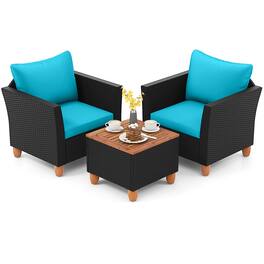 Costway - 3PCS Patio Rattan Furniture Set Cushioned Sofa Storage Table Wood Top - Turquoise