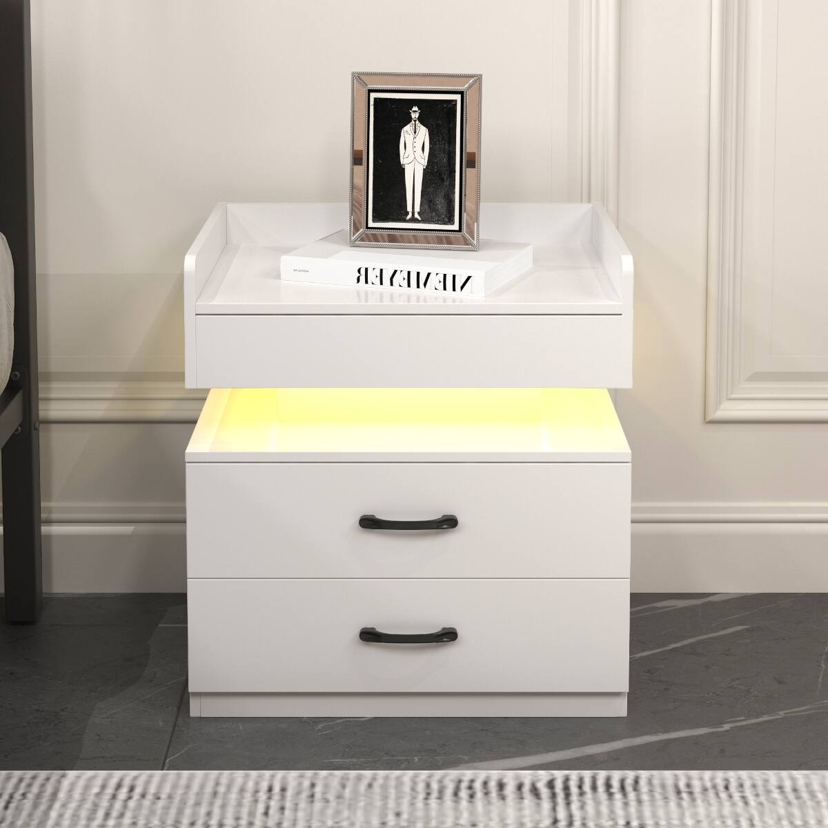 Angle. Loheer - Loheer White Nightstand with Adjustable LED Strip Light, Two Drawer Bedside Table - White.