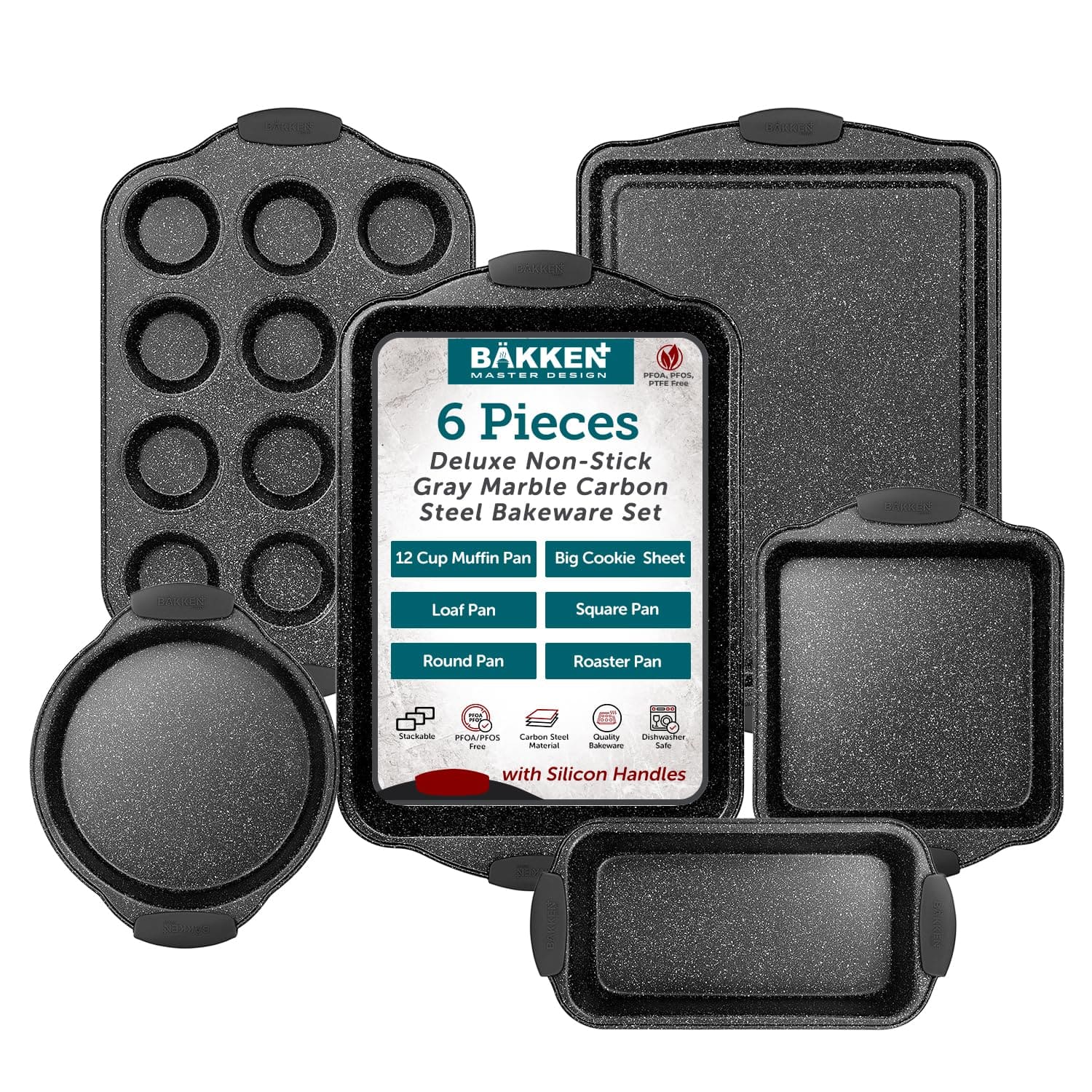 Bakken- Swiss - 6-Piece Nonstick Coated Bakeware Set - Professional Quality Carbon Steel Pans with Silicone Handles - Ideal - Gray Marble
