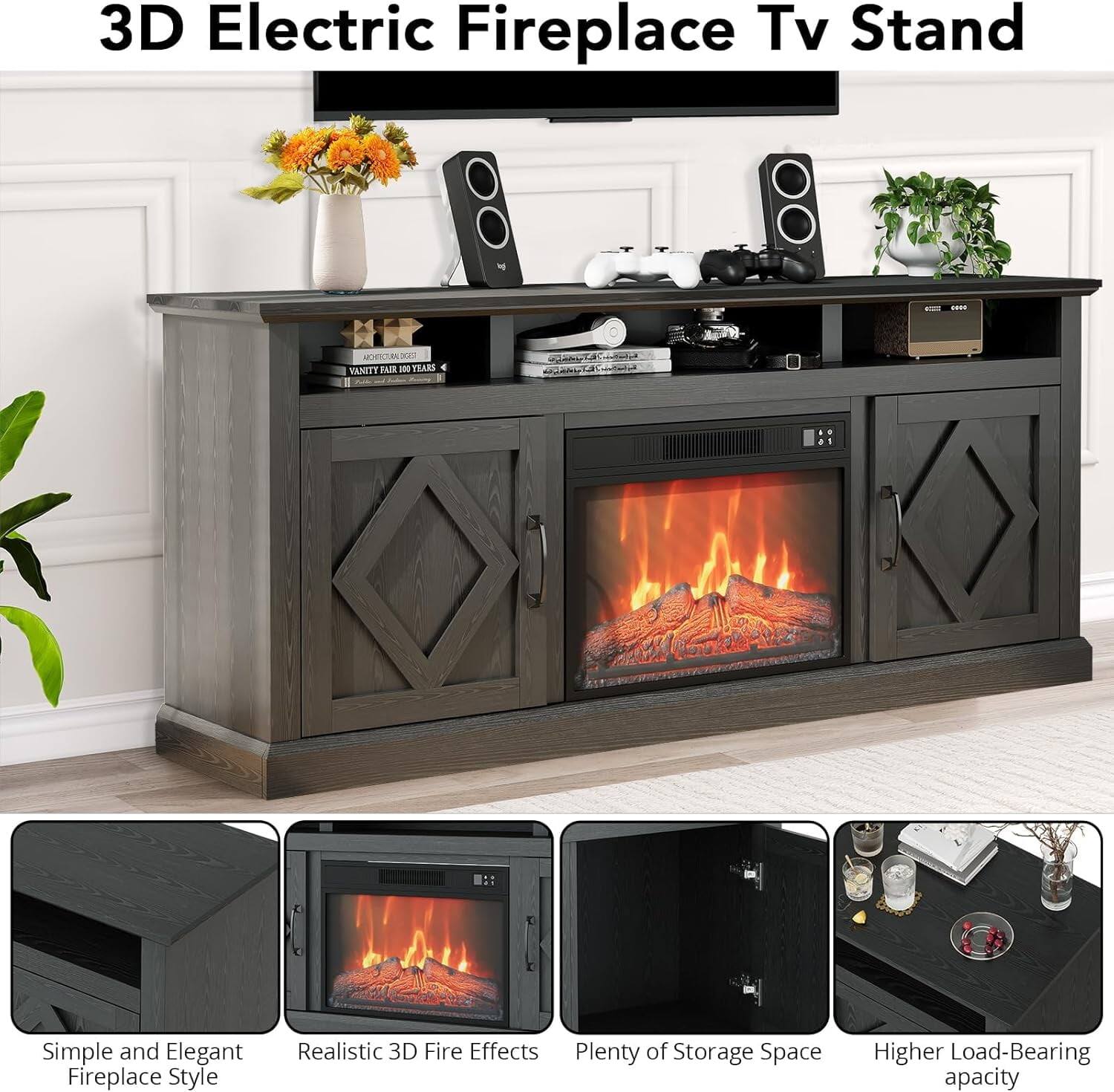 3D Electric Fireplace TV Stand

- Simple and Elegant Fireplace Style
- Realistic 3D Fire Effects
- Plenty of Storage Space
- Higher Load-Bearing Capacity