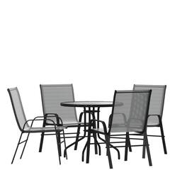 Emma + Oliver - Five Piece Patio Table Set with Round Metal Table with Tempered Glass Top and 4 Flex Comfort Stacking Chairs - Gray