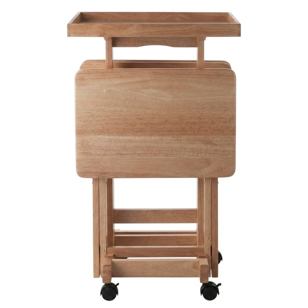 Left. FurniFact - Natural Wood 6 Piece TV Trays Set With Folding Snack Tables And Mobile Stand - Natural.
