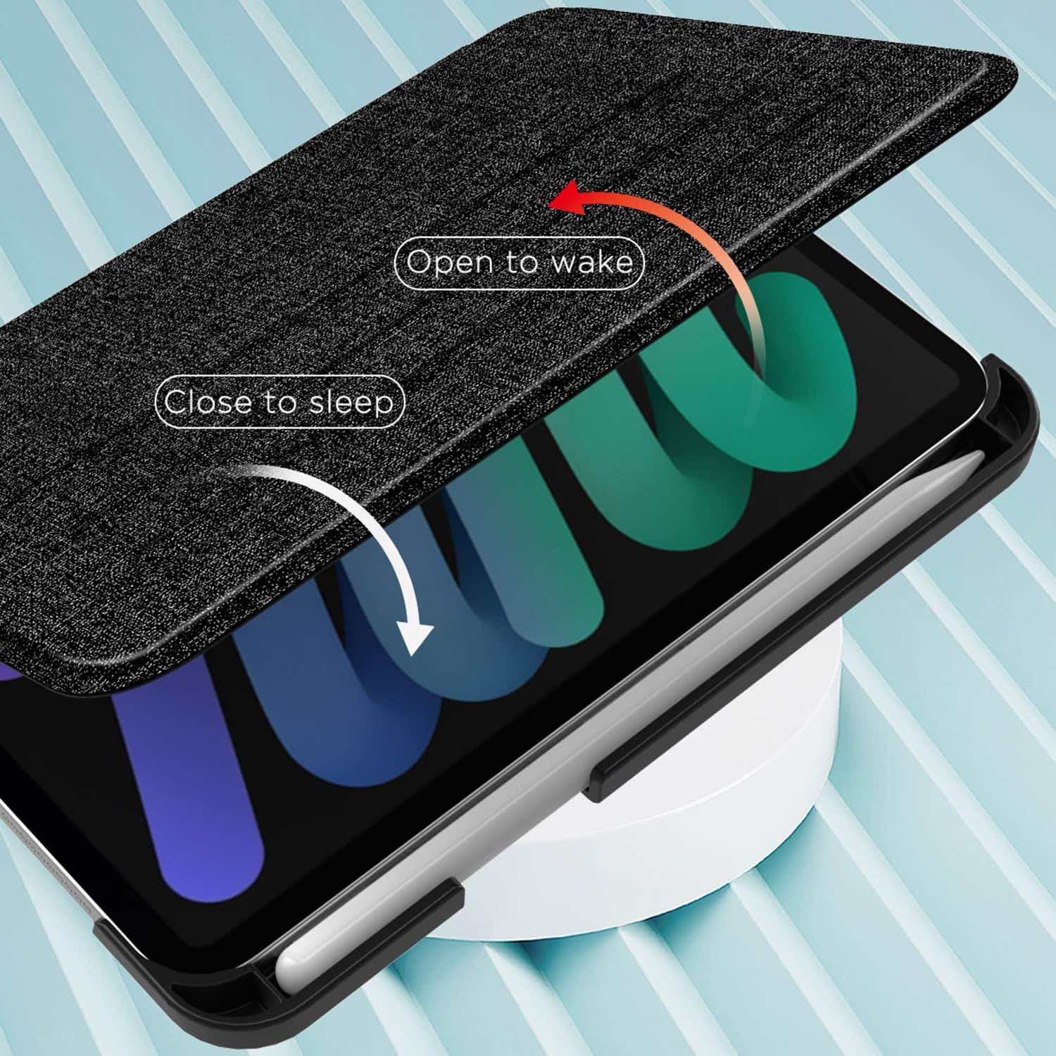 The image features a close-up of a sleeping device with a blue and black color scheme. The device has a black cover and a white base. The device is designed to help users sleep better by providing a comfortable and supportive surface for their head. The image also includes a diagram that shows how to use the device, with instructions to open it to wake up and close it to sleep.