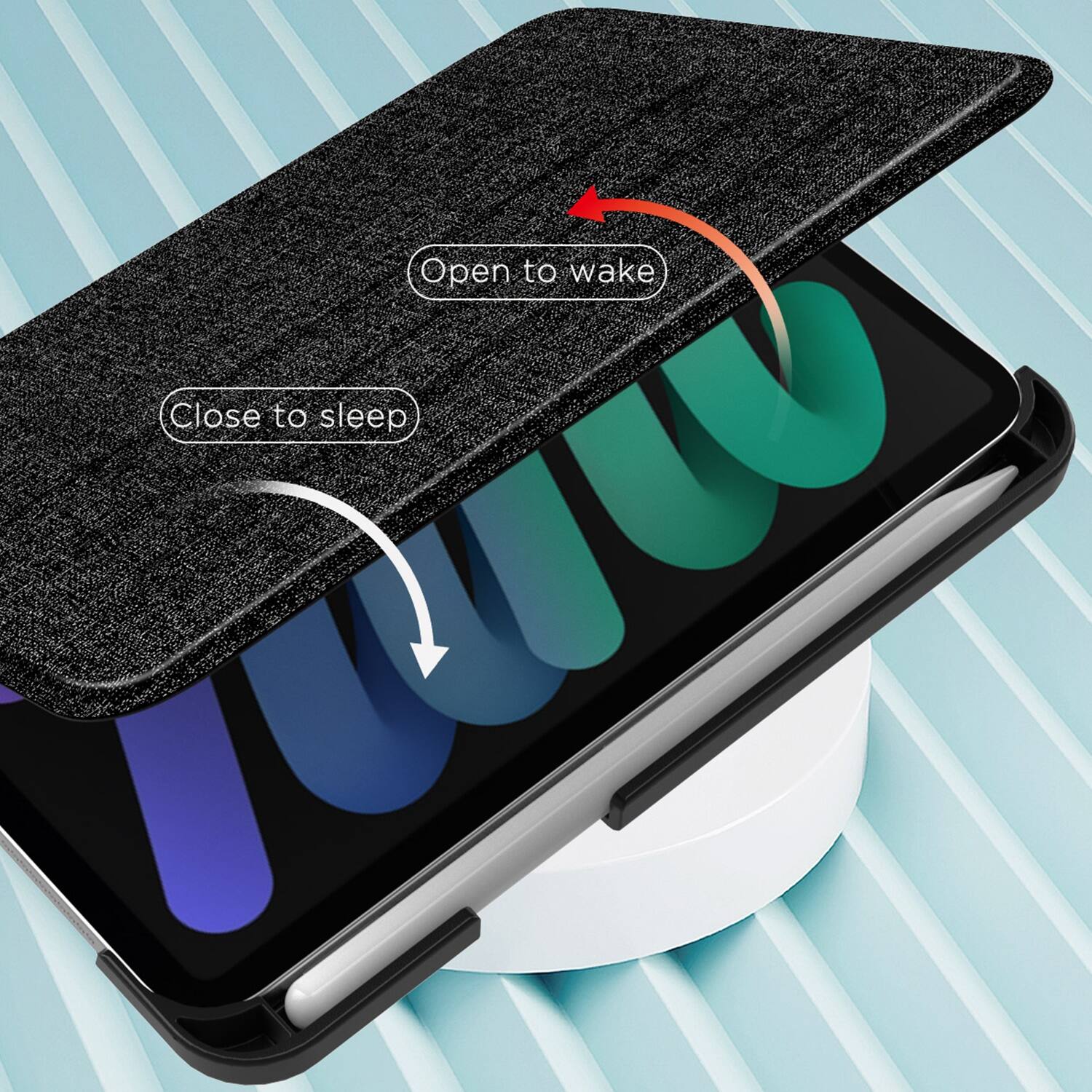 The image features a close-up of a sleeping device with a blue and black color scheme. The device has a black cover and a white base. The device is designed to help users sleep better by providing a comfortable and supportive surface for their head. The image also includes a diagram that shows how to use the device, with instructions to open it to wake up and close it to sleep.