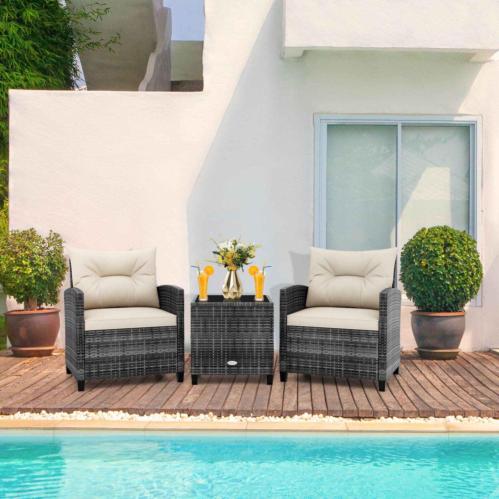 Alt View 1. Gymax - Gymax 3PCS Patio Rattan Furniture Bistro Set Cushioned Sofas Side Table Armrest - Beige.