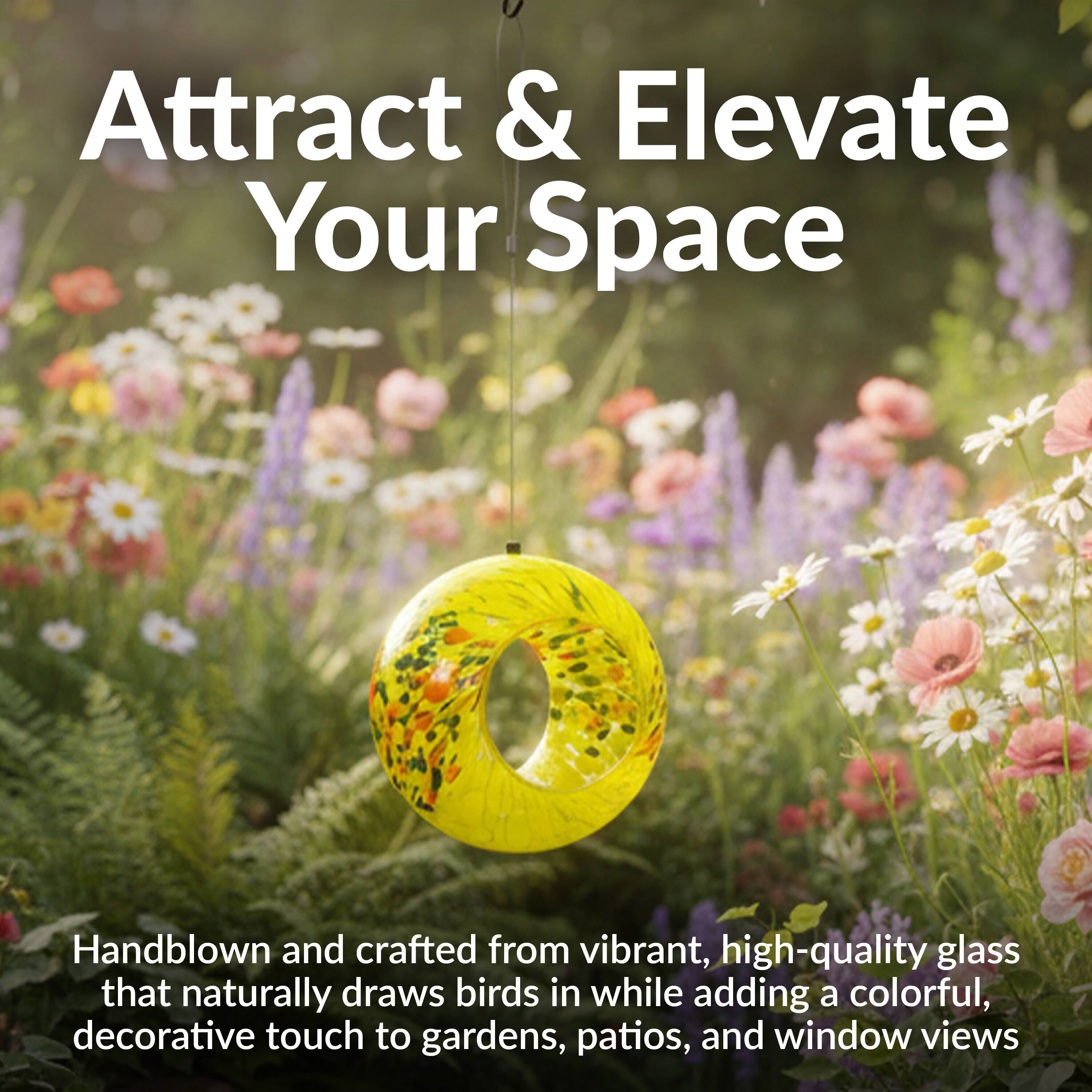 Attract & Elevate Your Space

Handblown and crafted from vibrant, high-quality glass that naturally draws birds in while adding a colorful, decorative touch to gardens, patios, and window views.