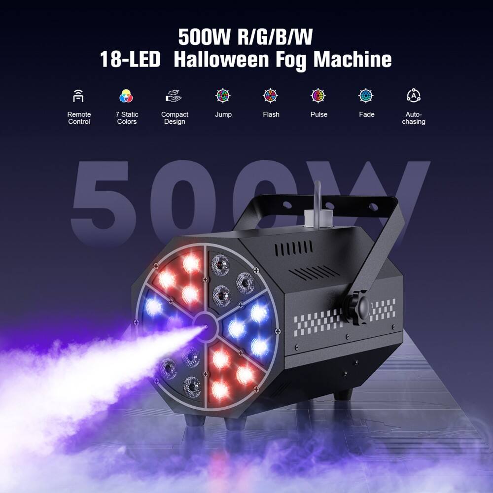 500W R/G/B/W 18-LED Halloween Fog Machine

- Remote Control
- 7 Static Colors
- Compact Design
- Jump
- Flash
- Pulse
- Fade
- Auto-chasing