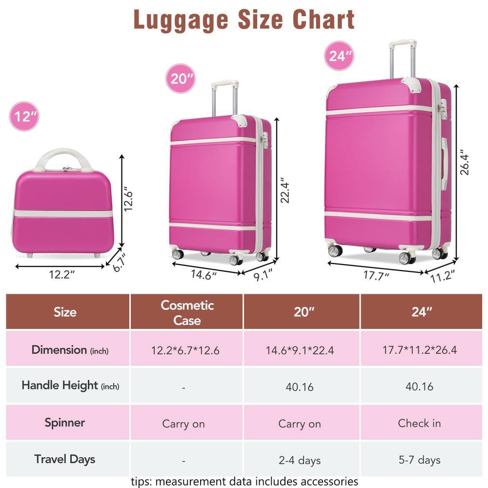 Luggage Size Chart

Size | Cosmetic Case | 20" | 24"
--- | --- | --- | ---
Dimension (inch) | 12.2*6.7*12.6 | 14.6*9.1*22.4 | 17.7*11.2*26.4
Handle Height (inch) | - | 40.16 | 40.16
Spinner | Carry on | Carry on | Check in
Travel Days | - | 2-4 days | 5-7 days

tips: measurement data includes accessories