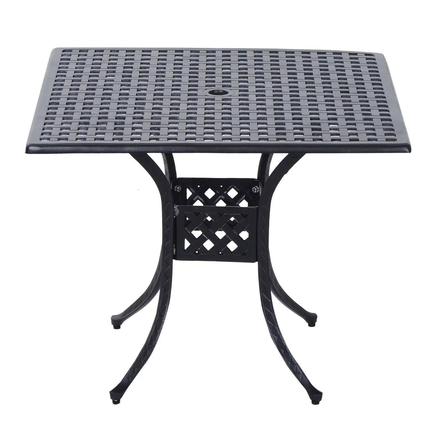 Left. Resenkos - Resenkos Square Patio Dining Table, Umbrella Hole, Outdoor Bistro Table, Cast Aluminum, Black - Black.