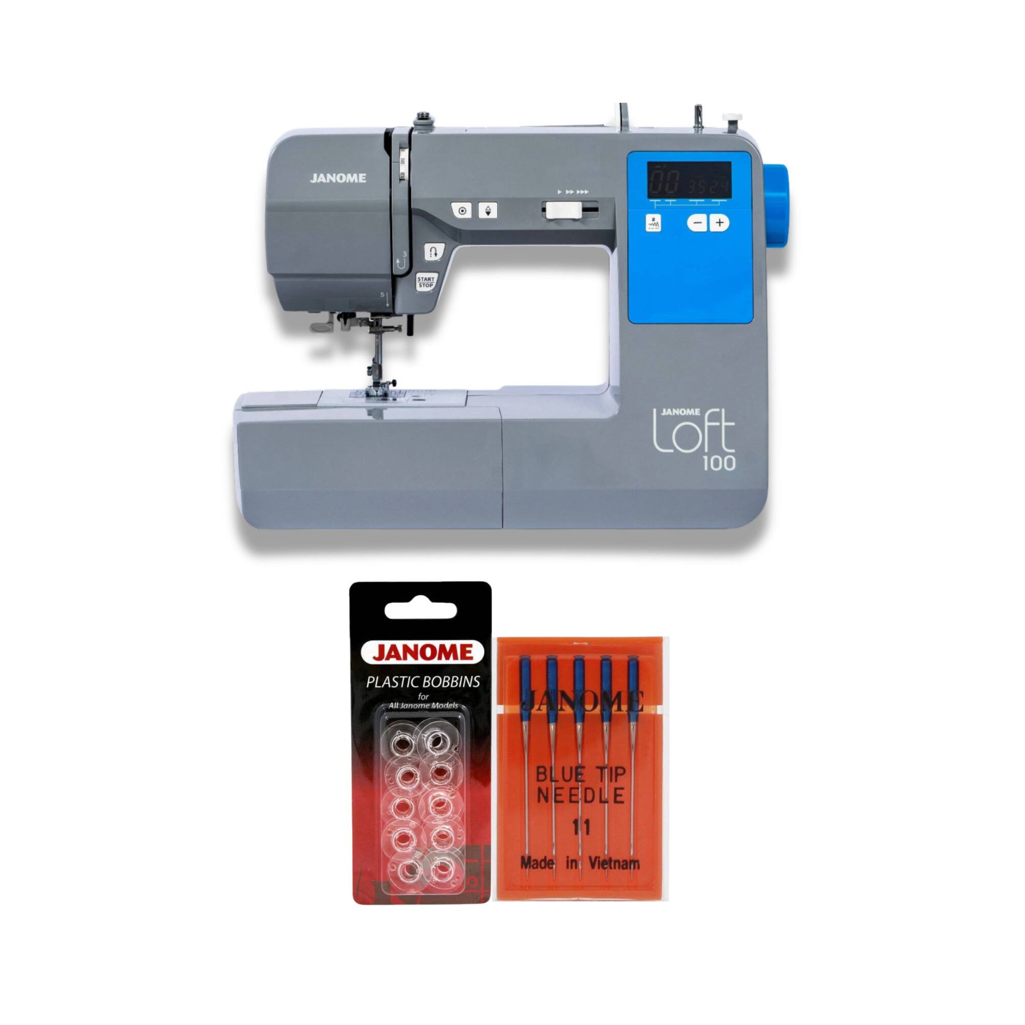 JANOME Loft 100 JANOME PLASTIC BOBBINS for All JANOME Models JANOME BLUE TIP NEEDLE 11 Made in Vietnam