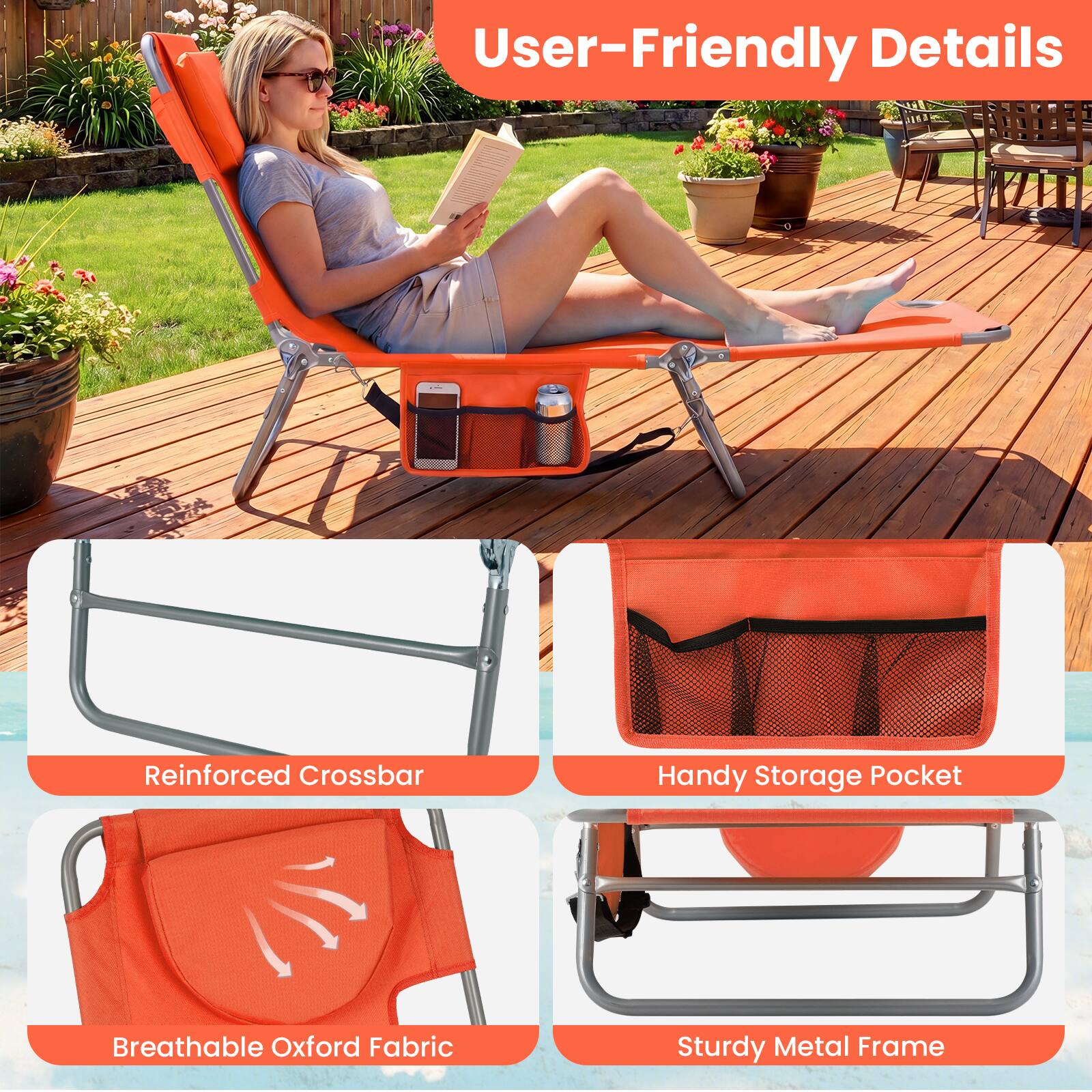 User-Friendly Details

- Reinforced Crossbar
- Handy Storage Pocket
- Breathable Oxford Fabric
- Sturdy Metal Frame