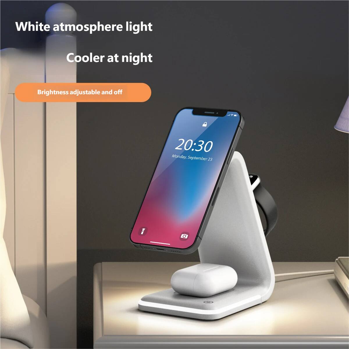 White atmosphere light  
Cooler at night  
Brightness adjustable and off  

20:30  
Monday, September 23