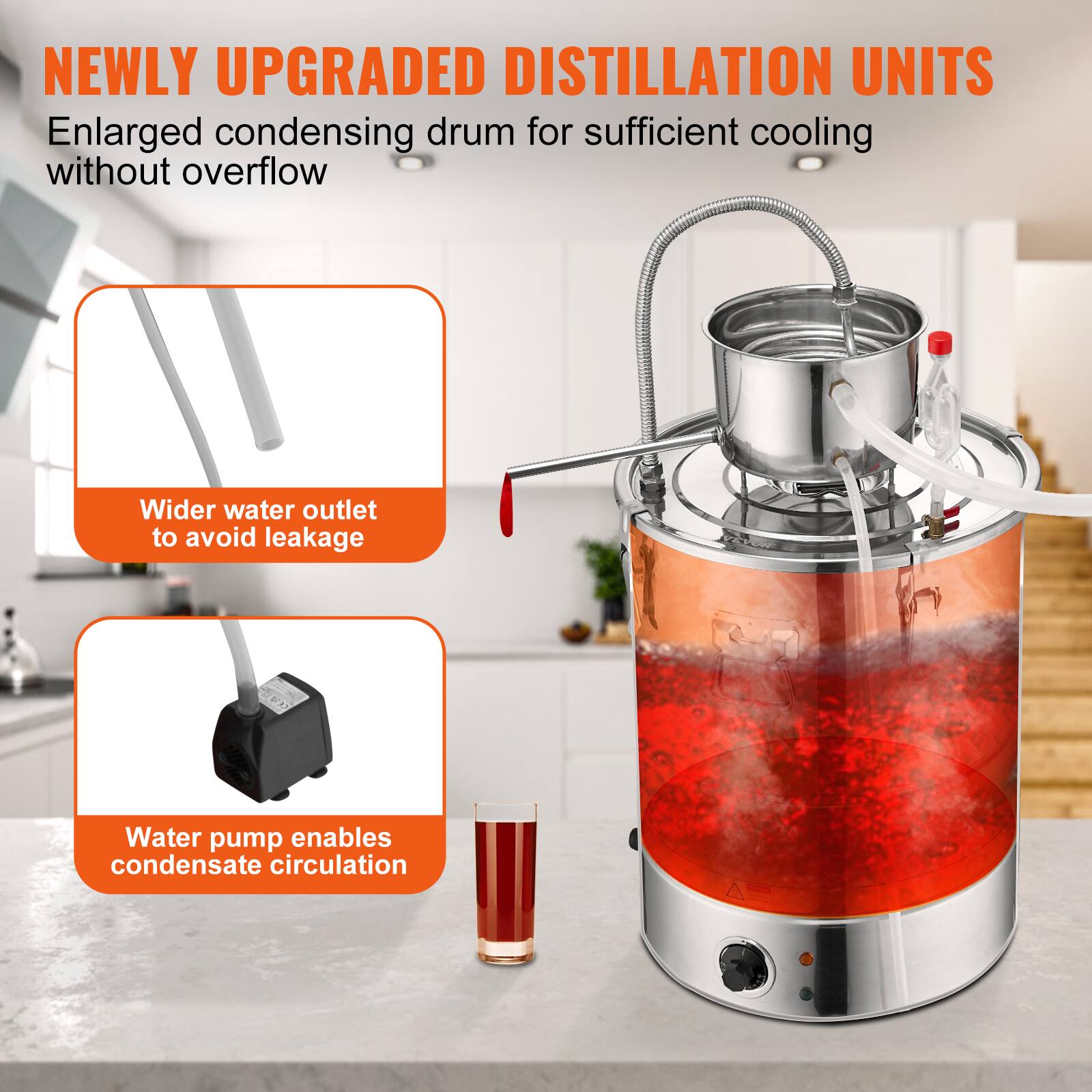 NEWLY UPGRADED DISTILLATION UNITS  
Enlarged condensing drum for sufficient cooling without overflow  
Wider water outlet to avoid leakage  
Water pump enables condensate circulation