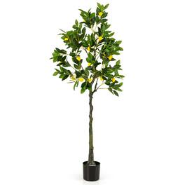Costway - 1 PCS 5.2 FT Tall Artificial Lemon Tree with Lemon Fruits, Cement Pot for Porch, Office - Green,Yellow,Black