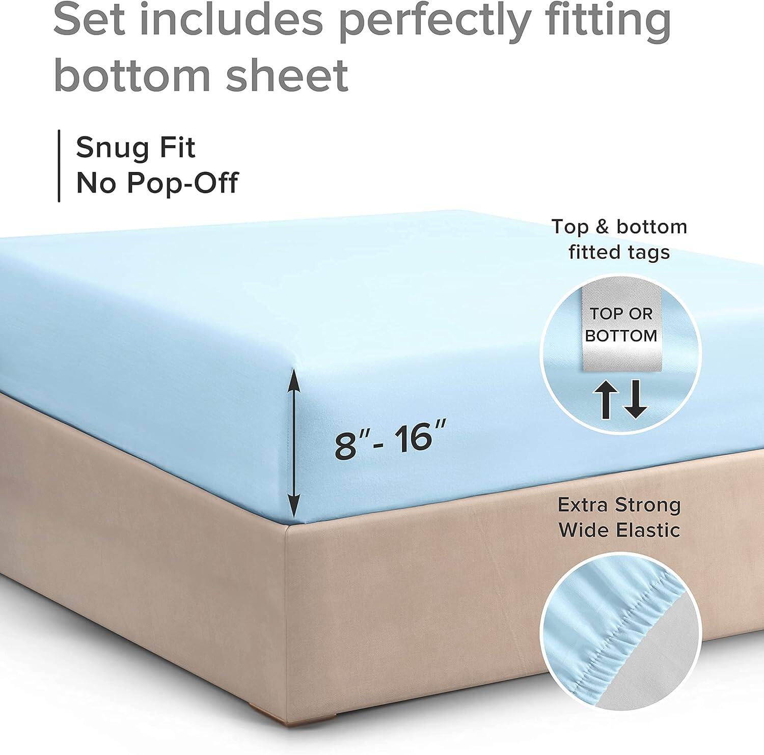 Set includes perfectly fitting bottom sheet

- Snug Fit
- No Pop-Off

Top & bottom fitted tags

- TOP OR BOTTOM

8" - 16"

Extra Strong Wide Elastic
