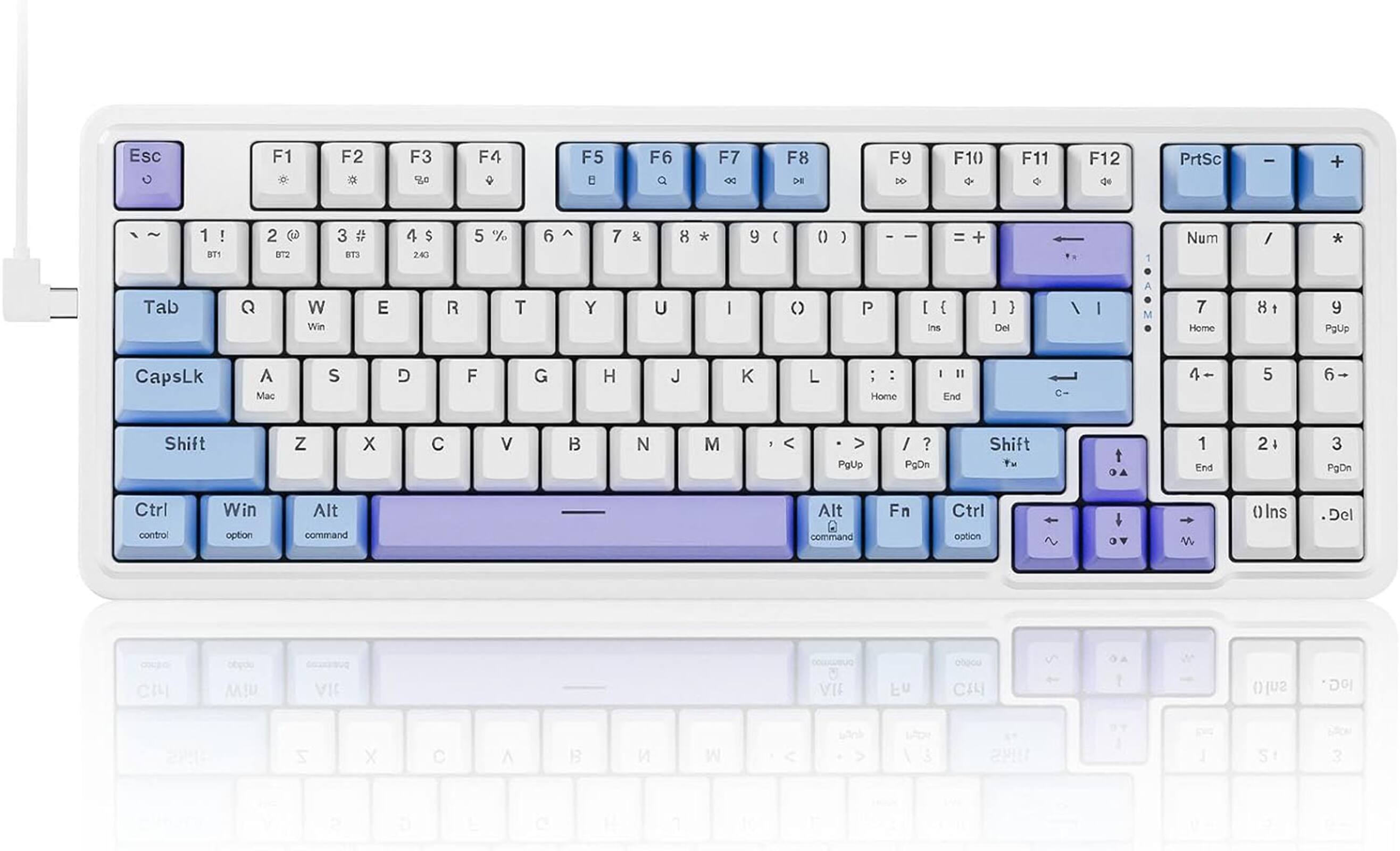 The image shows a close-up of a white and blue keyboard, which has a purple and blue color scheme. The keyboard has a numeric keypad and a number of function keys, including F1 through F12. The keys are arranged in a standard layout, with the letters and numbers clearly visible. The keyboard is designed to be used with a computer, and it is likely intended for a Mac computer, as indicated by the presence of the Mac key.
