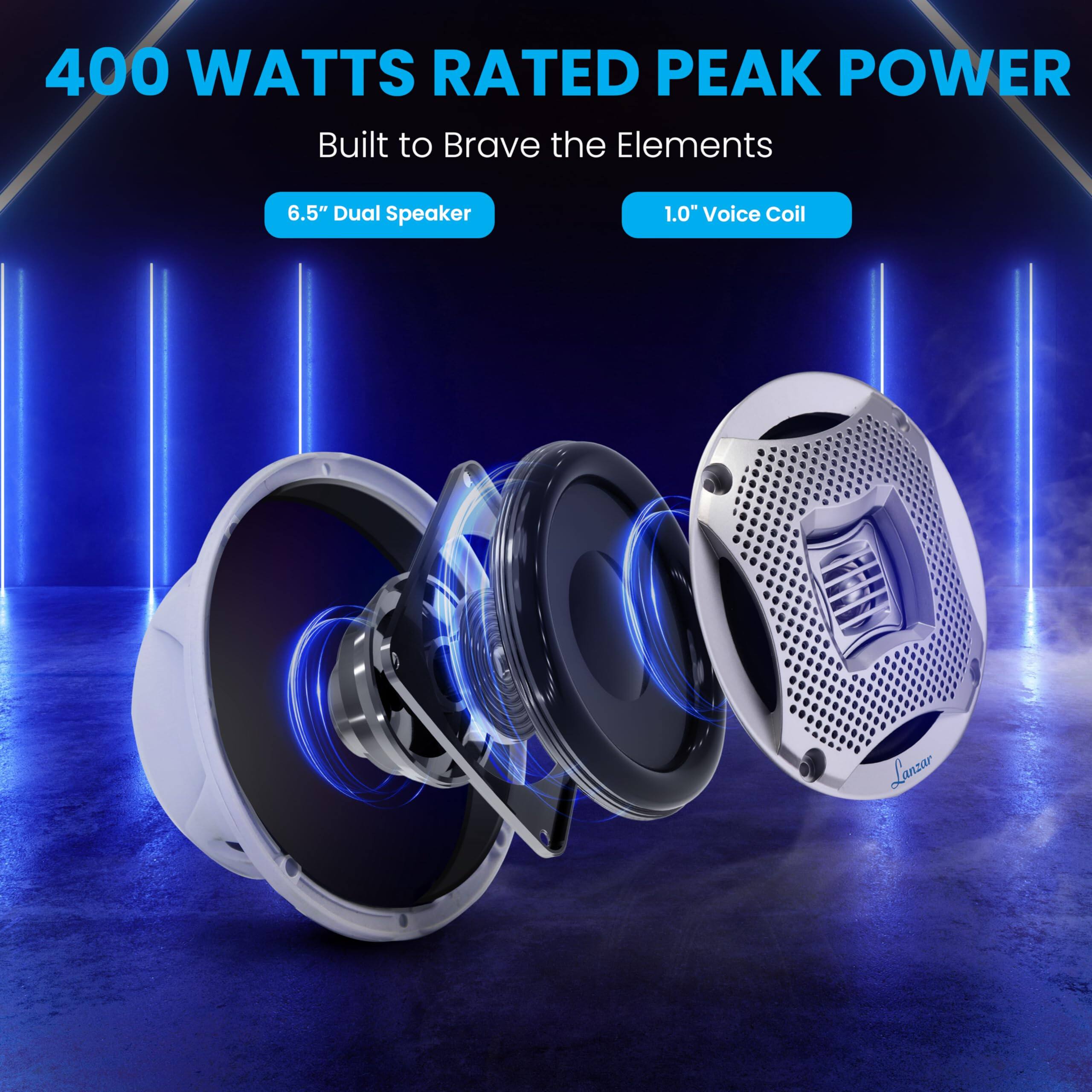 400 WATTS RATED PEAK POWER
Built to Brave the Elements
6.5" Dual Speaker
1.0" Voice Coil
Lanzar