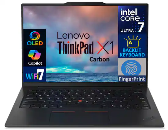Lenovo ThinkPad X1 Carbon
Intel Core Ultra 7
OLED
Copilot
WiFi 7
Backlit Keyboard
Fingerprint